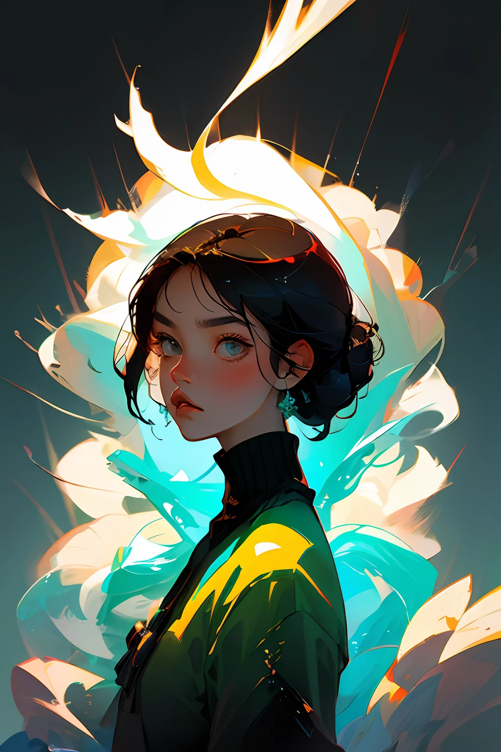 Close-up of avatar,black turtleneck,with short black hair,Sophisticated and minimalist accessories,High cooling temperament,Urban men,Warm shimmer background,flat style,Maximalism,flat illustration（Important vocabulary）（Important vocabulary）（Important vocabulary）,Ichiro Tsuruta style,Cinematic texture
