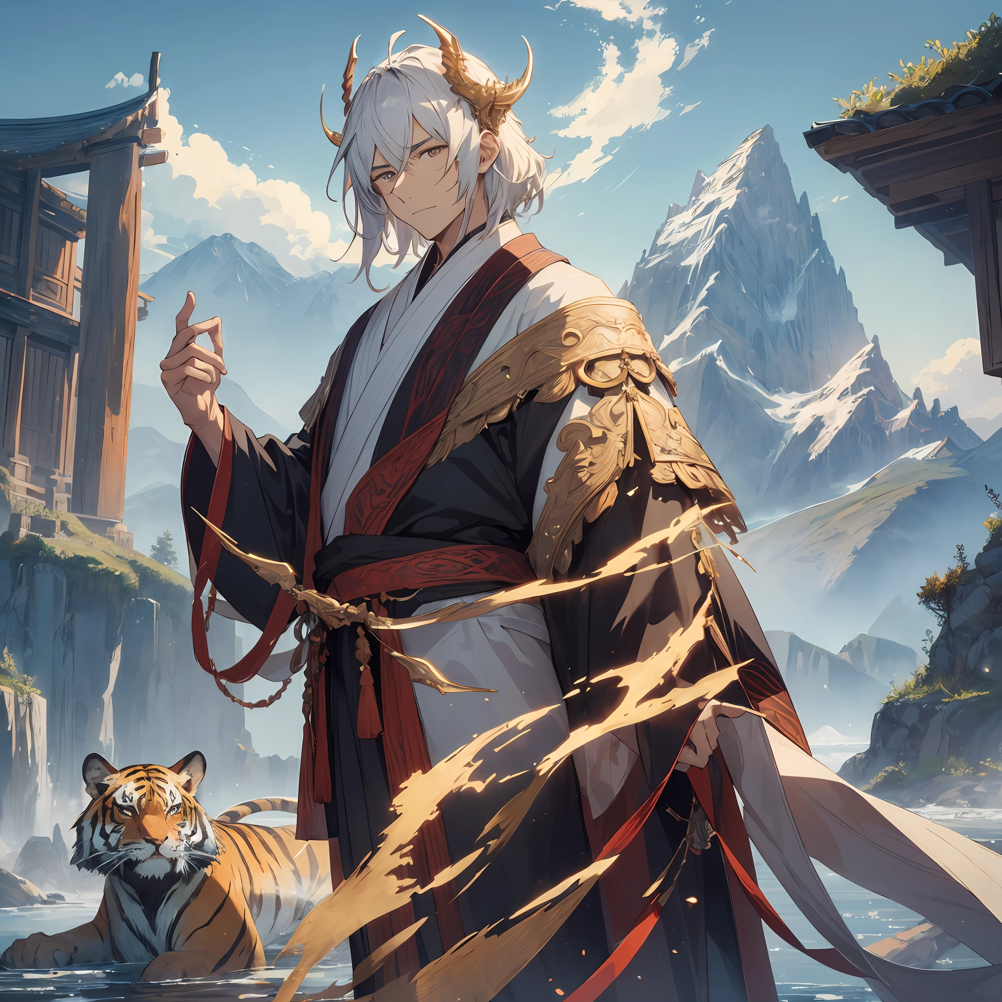 A handsome heavenly master, exquisite facial features, enlightened immortals, wide robe, a disdainful expression, the background is mountains and rivers, there are dragons and tigers