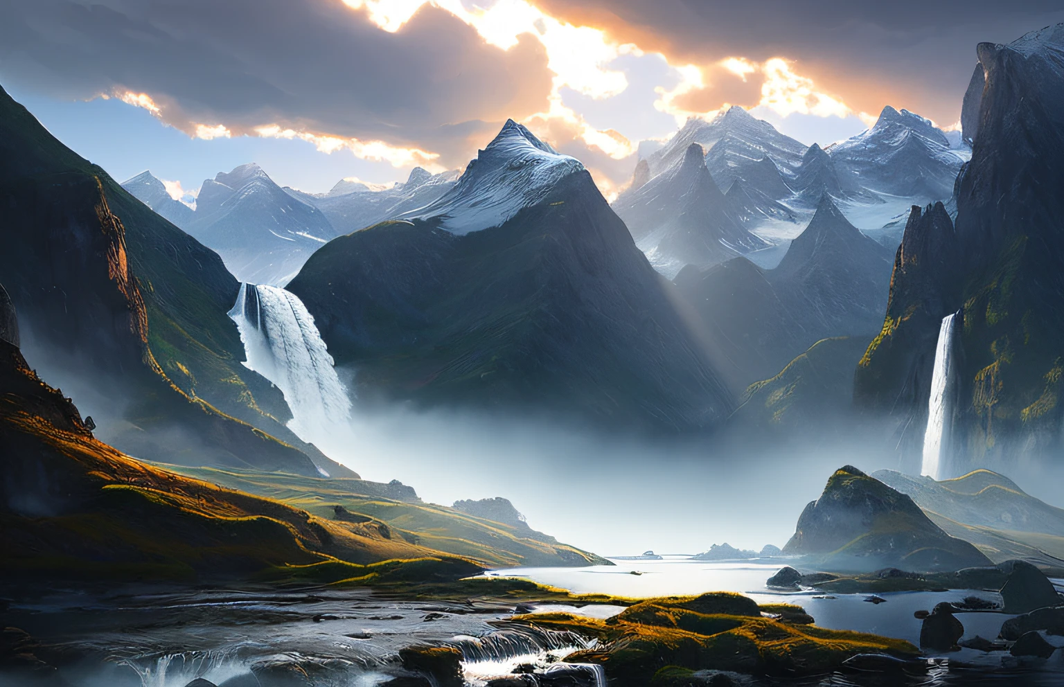 award winning photo of a beautiful landscape with a [mountainous horizon], (light rays), waterfall, magnificent, luxury, detailed, sharp focus, low angle, high detail, volumetric, illustration, cold lighting, by jordan grimmer and greg rutkowski, trending on artstation, Style-Swiss