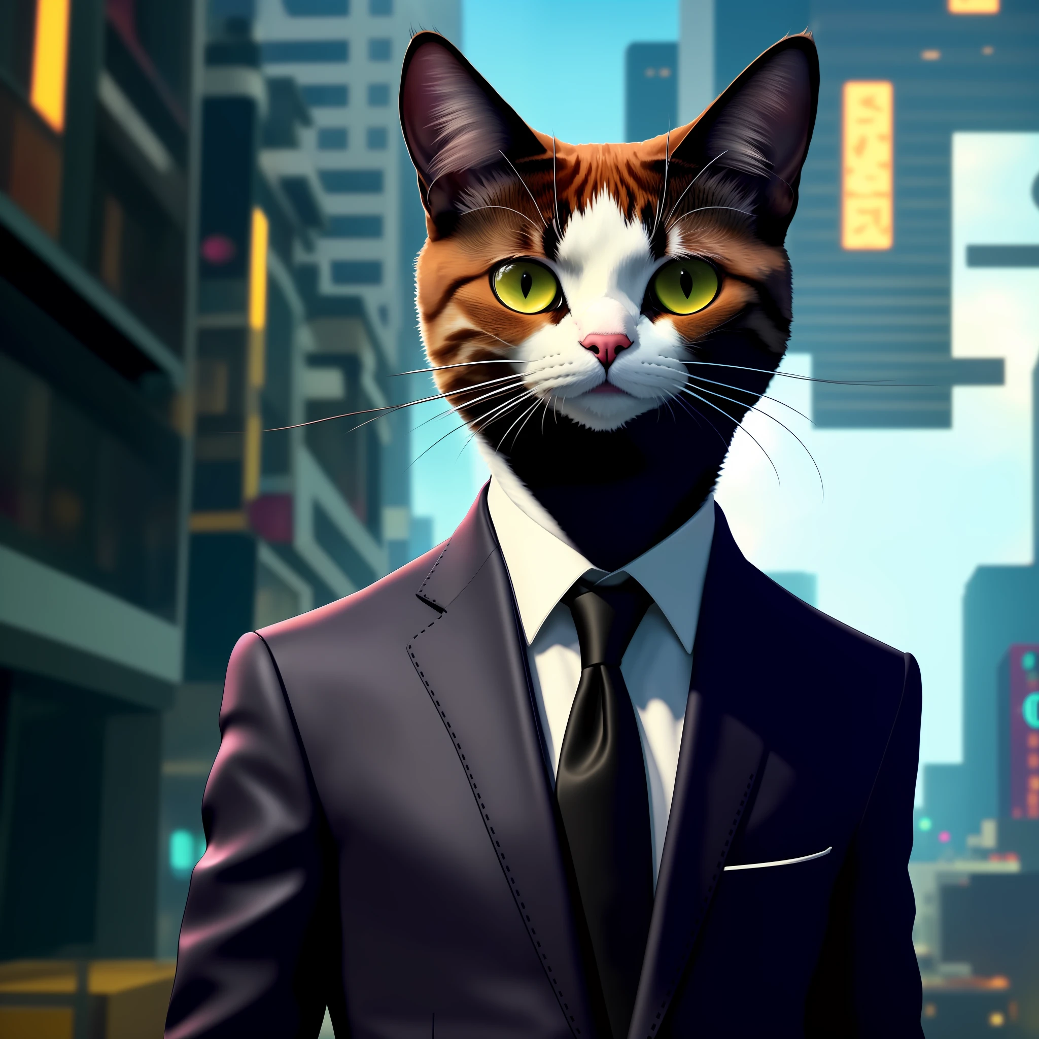 there is a cat in a suit and tie with a black tie, gato cyberpunk, Gatopomorphic Antrum, gato ciborgue, Cybercat, human cat hybrid, gato do vazio, Antro Gato, um Antro Gato, anthropomorphic female cat, Beeple e Jeremias Ketner, Tecnologia batida. Neo Estilo Preto, um gato ciborgue