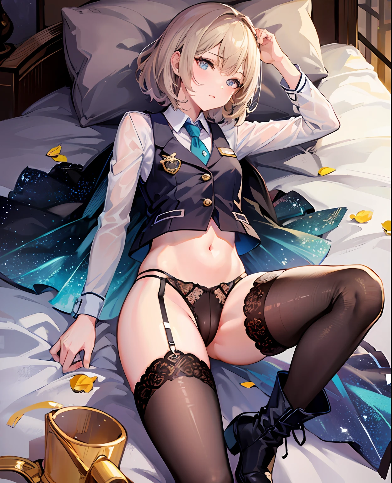 Taylor Swift,see-through outfit,small vest,thong Pants,Lace,Leg loop,Heterochromatic stockings,white silk stocking,black stocking,Martin boots,Lie on the bed