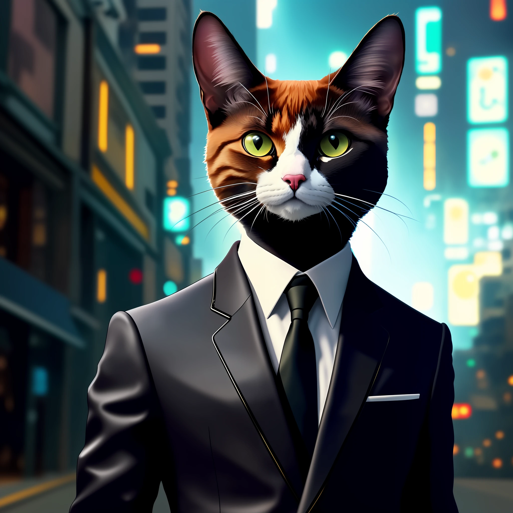 there is a cat in a suit and tie with a black tie, gato cyberpunk, Gatopomorphic Antrum, gato ciborgue, Cybercat, human cat hybrid, gato do vazio, Antro Gato, um Antro Gato, anthropomorphic female cat, Beeple e Jeremias Ketner, Tecnologia batida. Neo Estilo Preto, um gato ciborgue