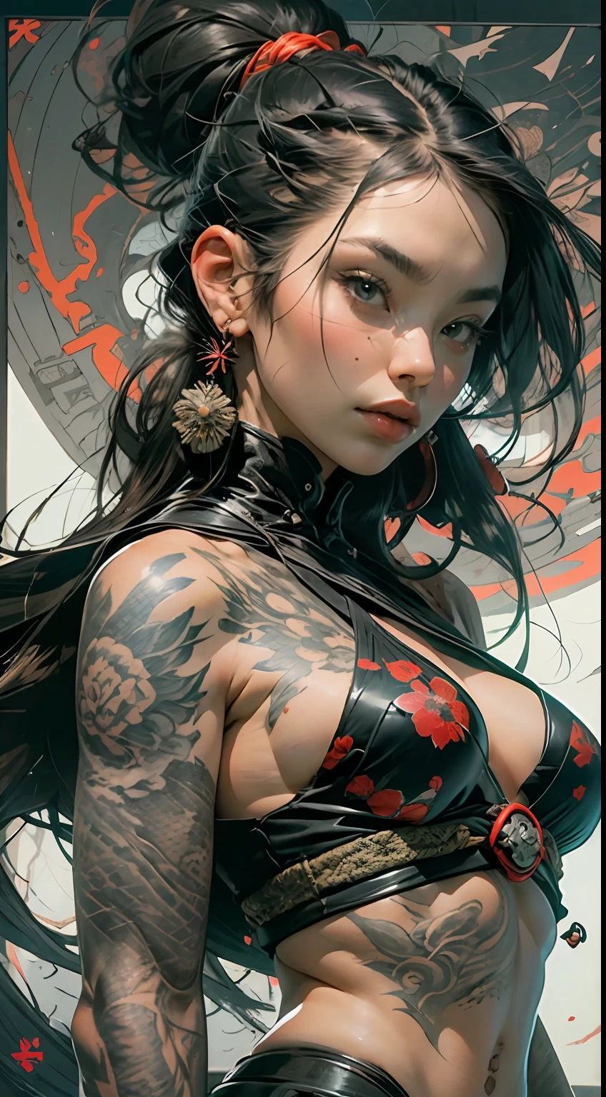 "Retrofuturistic, a skilled samurai woman adorned with intricate tattoos."