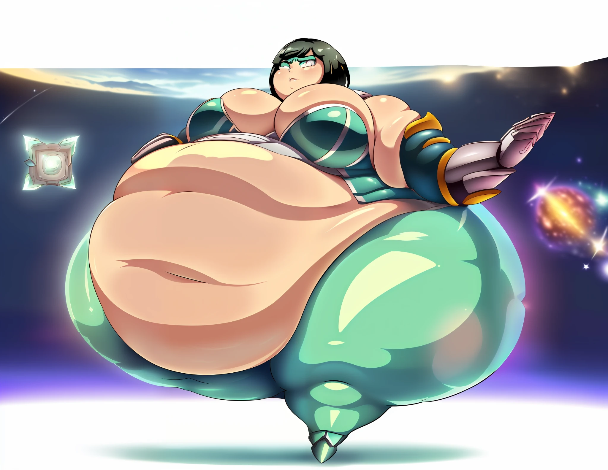 High resolution , High quality, High aesthetic , Masterpeice)) ,a man holding up armored Arm, phantasy star online, star ocean, space armor, ,shiny armor, ((wearing White shining armor)) , ((navy blue robes with white accent, shigenori soejima illustration, ((black hair, Medium length, parted bang with Teal streaks!!)), Olive Skin , cyan eyes, (( one Armored Arm with a Space Pattern inside it )),(( fat)), (( large,Round,Hyper belly)),((thick Thighs, Large Hips , Fat Butt, )) ,fat face, ((Visas Starfrost)), expression(Serious, confused, looking down ,Grabbing belly)