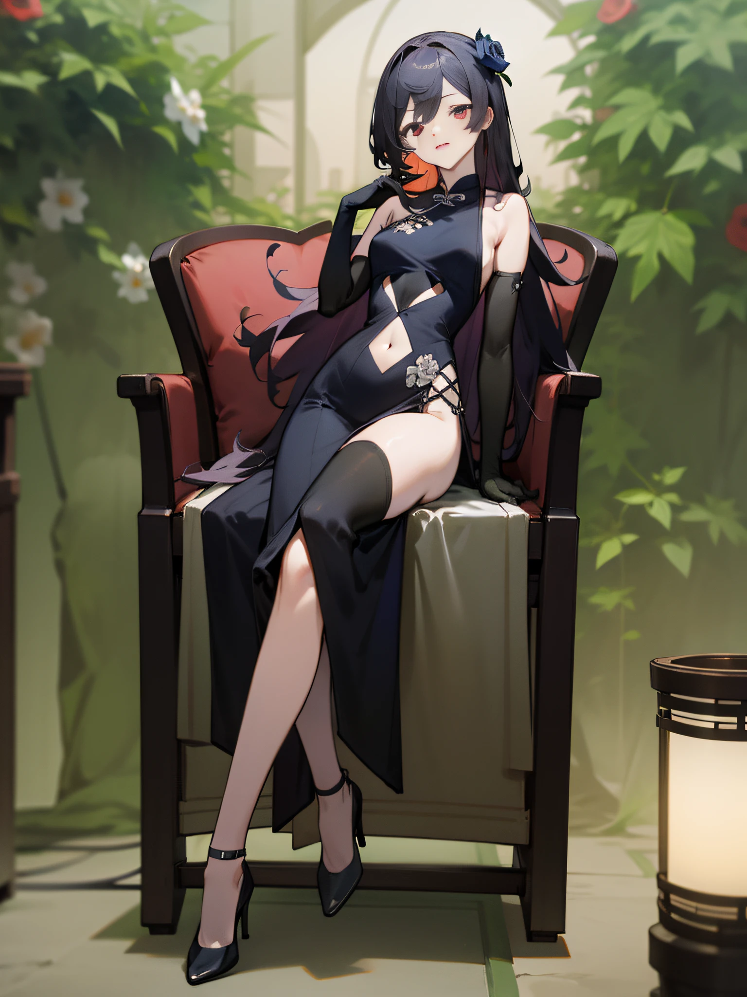 bodystocking, Breasts Large, Look at Viewer, Elbow Gloves, solo, long hair, Off Shoulder, dress, Chinese clothes, lace-trimmed gloves,Hair ornament, full body, Black Gloves, seated chair, sitting, black footwear, black flower, red eyes, bare navel, china dress, high heeled shoes,hair flower, black rose, skintight dress, red eyes, plant, tight fitting clothes, indoors, clothing cutout, lamp, pelvic curtain