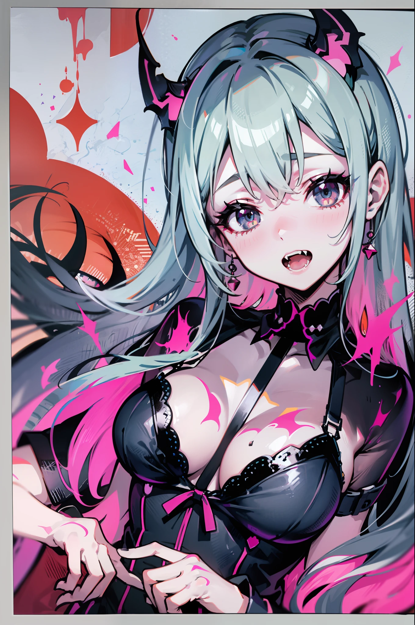 sthe highest qualit、 1 人、on a bed、Colorful hair、a Pretty 、animesexy、Sheer white skin、Asian Girls、All body、junior high school student、14歳ines、Quiet child、High Contrast、Tempting、sensual、、Eye color is red、The top of the head is silver hair，The tip is pink、The vampire、The vampire、Has fangs、Shameful face、Spread your crotch、Infinitely close to naked、Succubus,、bra less、No bra、Hide your with hair、garters