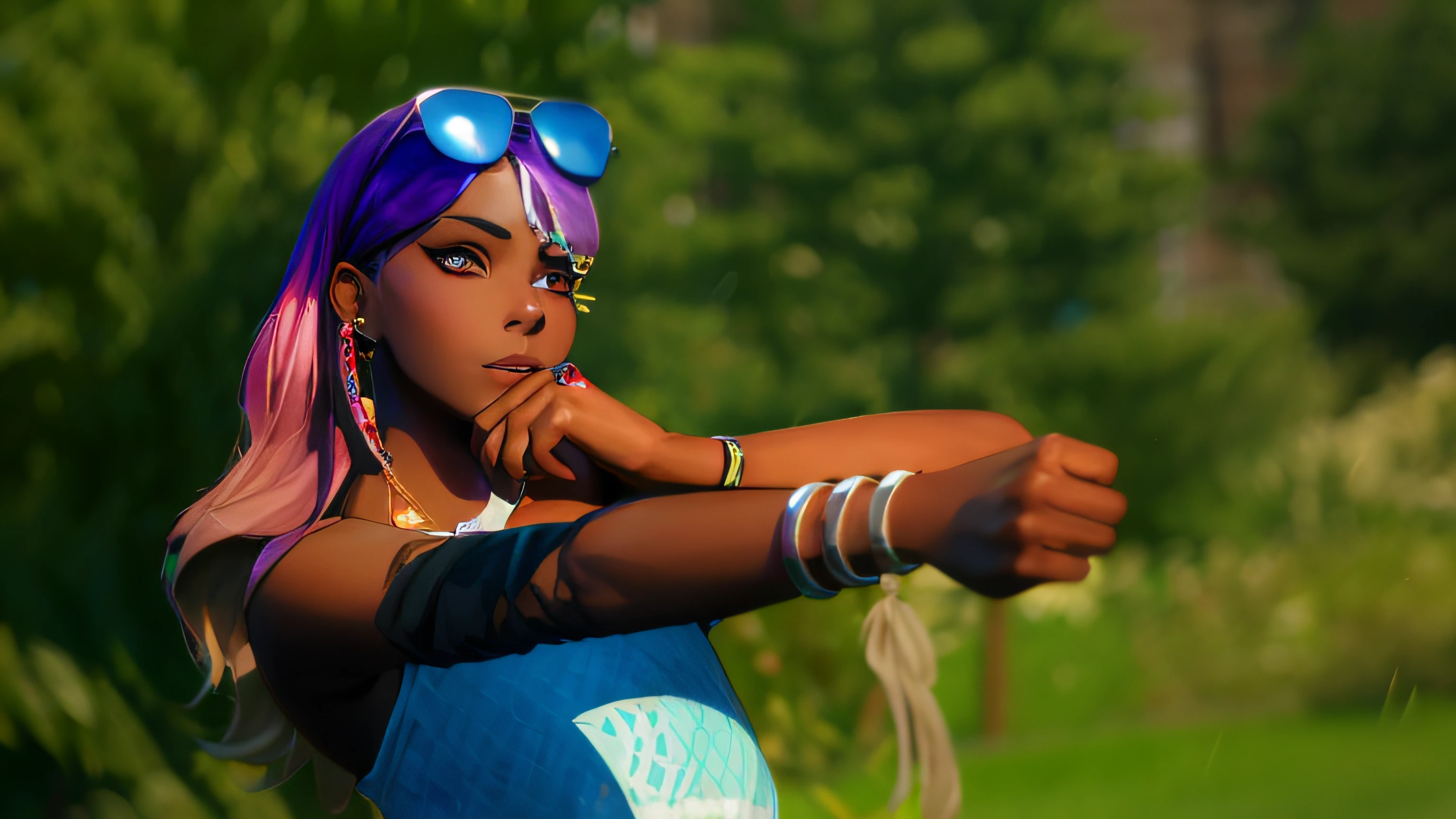 there is a woman with purple hair and sunglasses posing for a picture, Personagem de Fortnite, sombreamento estilizado, Personagem de close up, pele detalhada, arte estilizada, estilo anime, nice afternoon lighting
