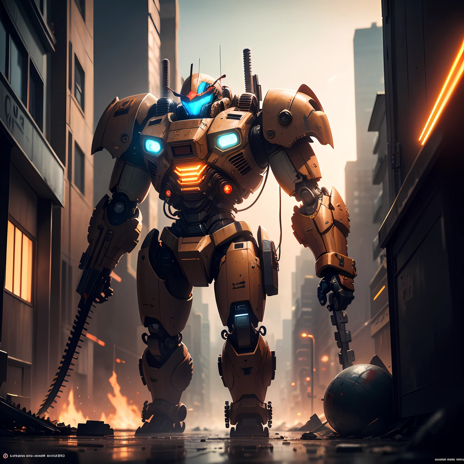 On the moon, barren planet, ruins, holding weapons, no humans, glowing, robot, building, glowing eyes, orange mech, science fiction, city, reality, mecha, galaxy background, full body, neon, cyber Punk, 8K wallpapers, ultra-detailed artwork, cinematic lighting, realistic photos, Dark_Fantasy, Cyberpunk, (chain saw, chain saw man, Red: 1.1), 1man, Mechanical marvel, Robotic presence, Cybernetic guardian, wearing a worn-out machine armor suit, intricate, (steel metal [rust]), elegant, sharp focus, photographed by greg rutkowski, soft lighting, vibrant colors, masterpiece, ((street)), cowboy shot, dynamic pose, --auto