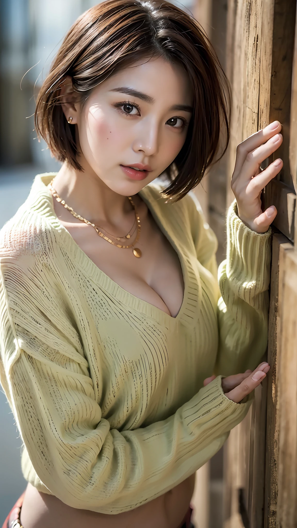 (Best quality, 8k, 32k, Masterpiece, UHD:1.2),Photo of Pretty Japanese woman, large breasts, very short bob hair,upper body,face focus,oversized_sweater, necklace, simple background, from above, looking at viewer,