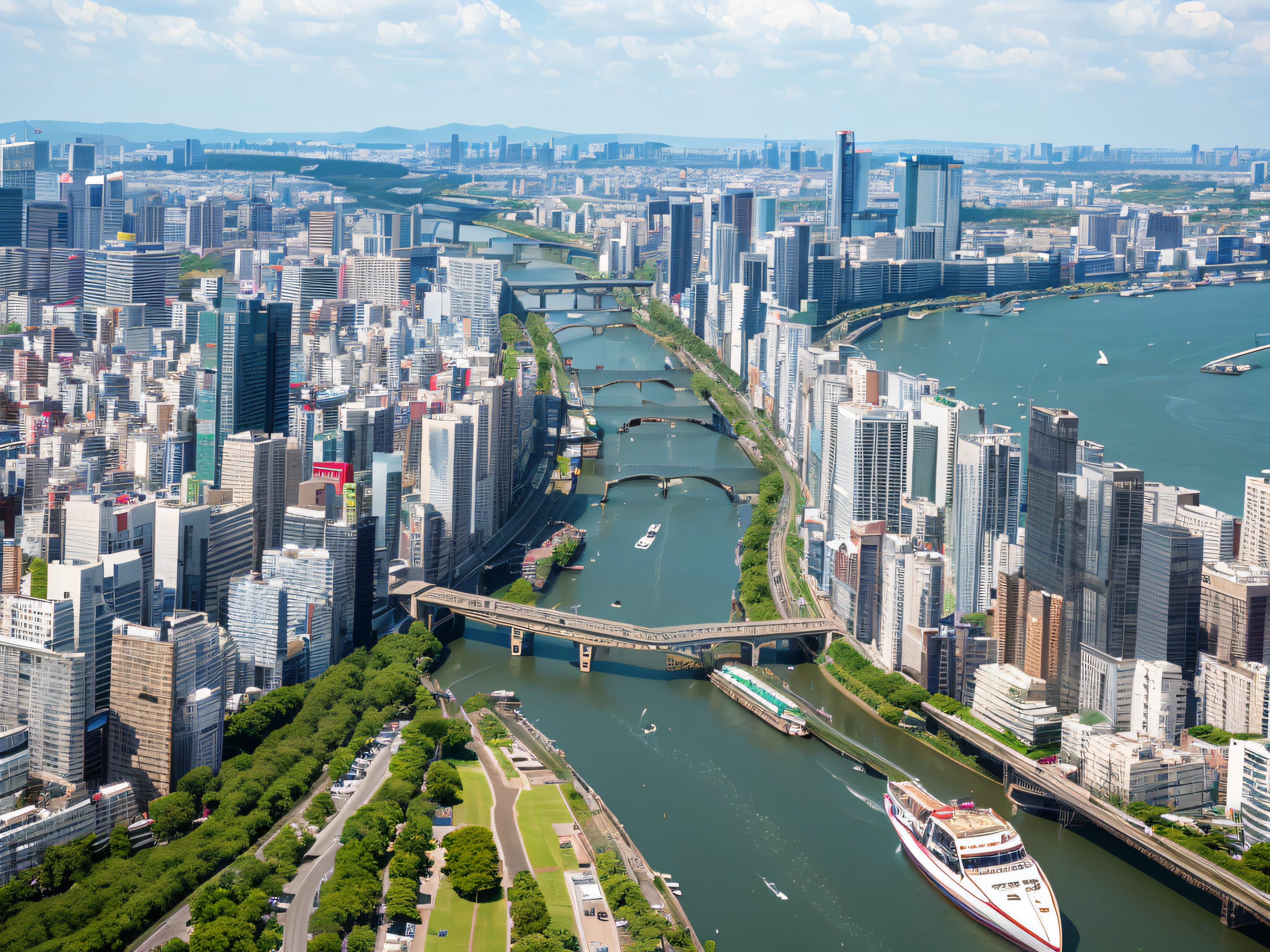 buildings in a city with a river and a boat in the water, tokyo prefecture, tokyo city in the background, Surrounding the city, tokyo city, skyline showing, japanese downtown, shinkai, osaka skyline background, tokio, tokyo in the background, kanagawa prefecture, tall buildings on the sides, japanese city, building along a river, tokyo japan