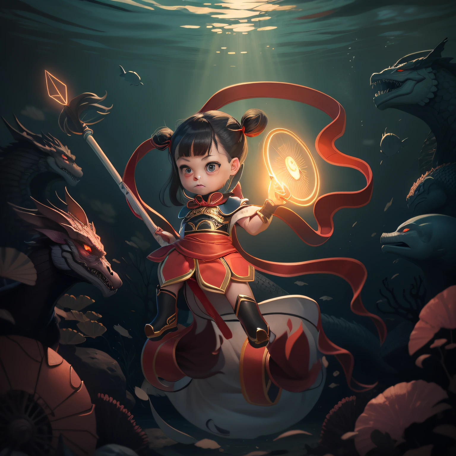 Draw a scene of Nezha causing havoc in the deep sea, where the Dragon King resides, with Nezha holding a spear and riding the wind fire wheel, decorated with a red silk ribbon. --auto