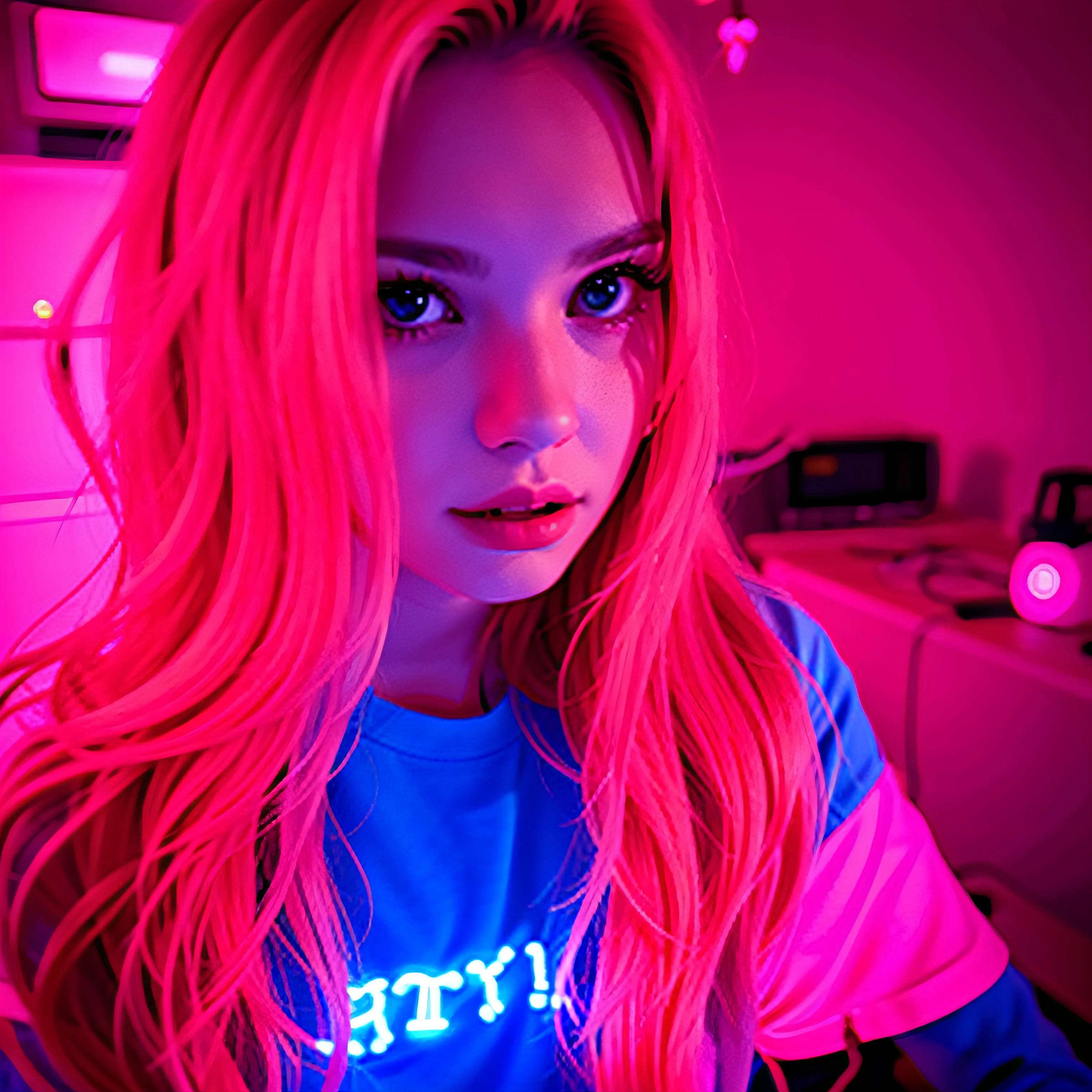 arafed woman with long hair sitting in a room with a pink light, 18 years old, Very much-Very low picture quality, anna nikonova aka newmilky, glowing pink face, 1 6 , glowing with colored light, with neon lights, 1 8 yo, Barely lit warm purple-red light, around 1 9 years old