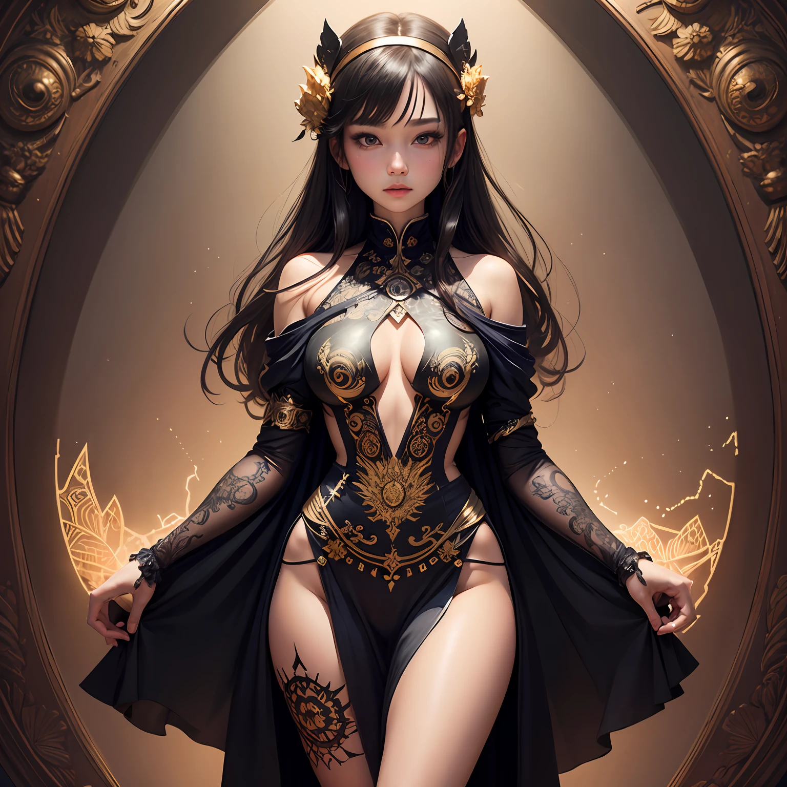 （Meisterwerk，top quality，best quarity，official arts，Beautiful and aesthetic：1.2），（1girl），extremely detailed，variegated，highestdetailed，official arts，统一 8k 壁纸，Hyper detailed，Beautiful and aesthetic，beatiful，Meisterwerk，best quarity，（zentangle，a Mandala，Tangles，Entanglement），holy light，gold leaf，Gold leaf art，Flash map，see-through outfit，PerfectNwsjMajic --auto