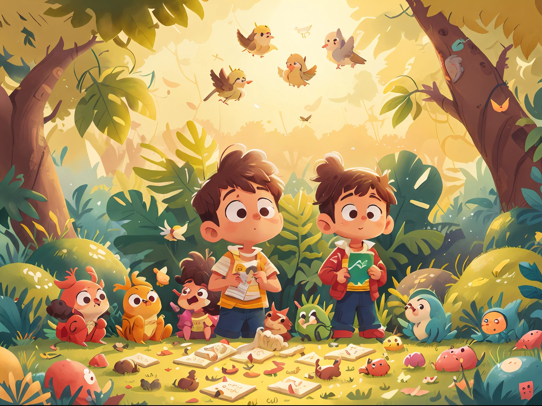 Numa tarde de outono, as "Pillipillias"  they saw birds eating seeds that they dropped on the ground, they looked astonished