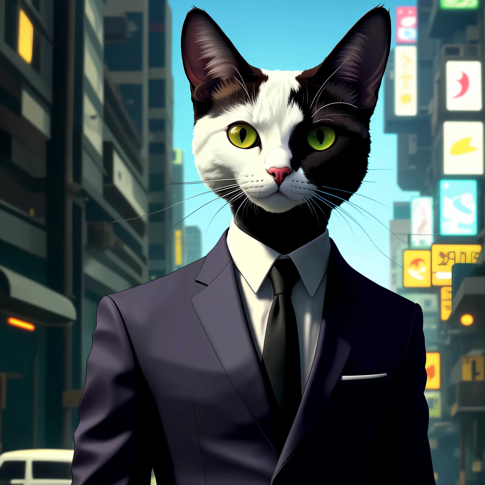 there is a cat in a suit and tie with a black tie, gato cyberpunk, Gatopomorphic Antrum, gato ciborgue, Cybercat, human cat hybrid, gato do vazio, Antro Gato, um Antro Gato, anthropomorphic female cat, Beeple e Jeremias Ketner, Tecnologia batida. Neo Estilo Preto, um gato ciborgue
