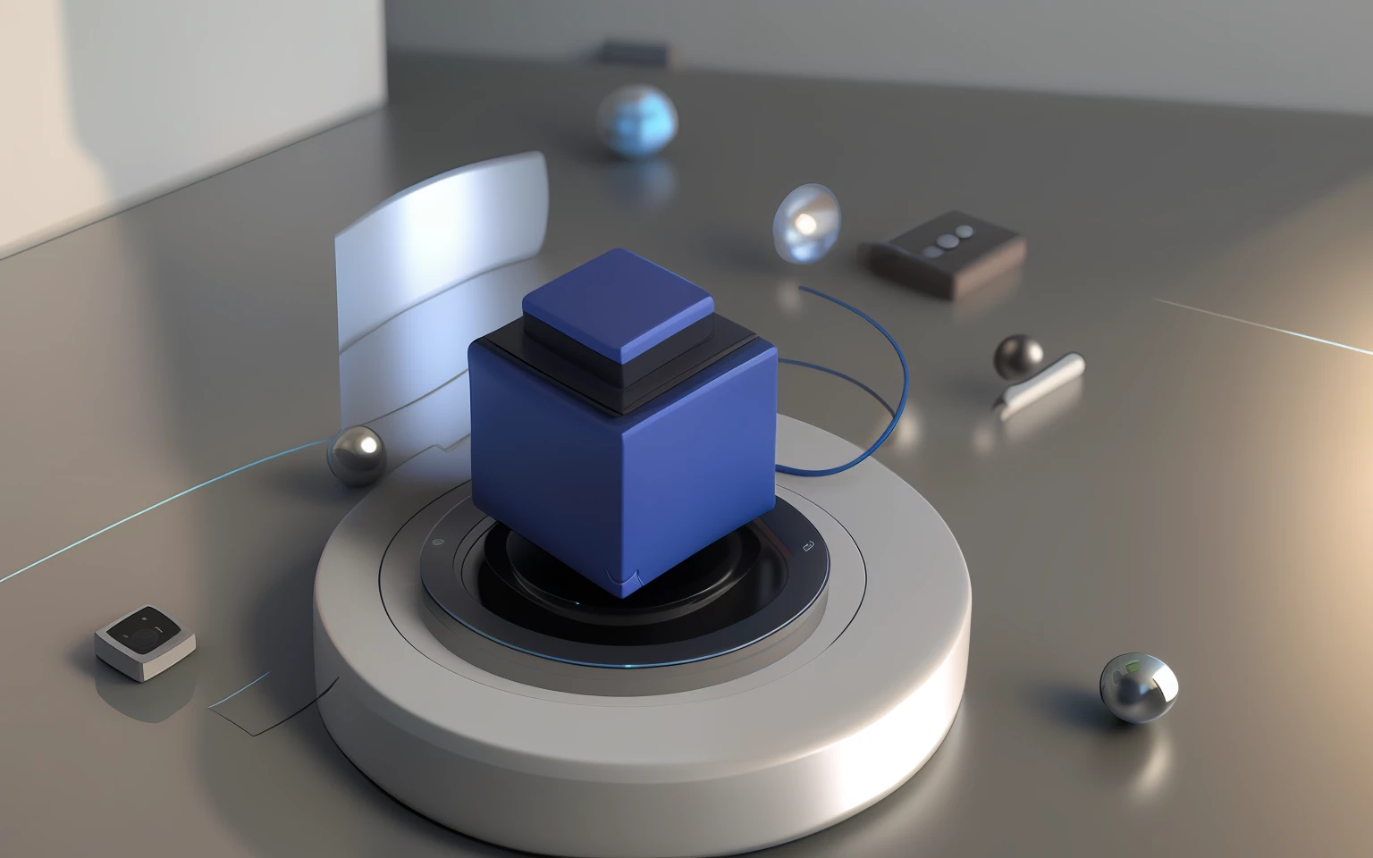 There is a blue cube on the circular device,Surrounded by other objects, 3 d rendered in octane, 3d rendered in octane, rendered in octane 3d, rendered in octane render, rendered in cinema 4 d, rendered in cinema4d, rendered in octane render 32k, depicted as a 3 d render, soft 3d render, smooth 3d cg render --auto
