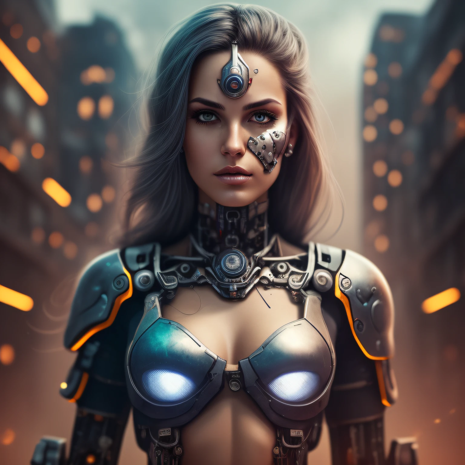 a beautiful woman cyborg warrior in the Style-RustMagic, cyberpunk augmentation, cyberware, cyborg, carbon fiber, chrome, implants, metal skull, cyber plate armor, (dark atmosphere:1.2), (fog & smoke), (dark night:1.3), scars, (dark medium length disheveled hair:1.1), (eyeshadow:1.1), (beautifully detailed glow:1.2), (Cinematic lighting), intricate detail, highres, rounded eyes, detailed facial features, sharp focus, smooth, aesthetic, detailed dark industrial factory background, stylish pose, dynamic pose, (dramapaint), (opt-6000:0.9)