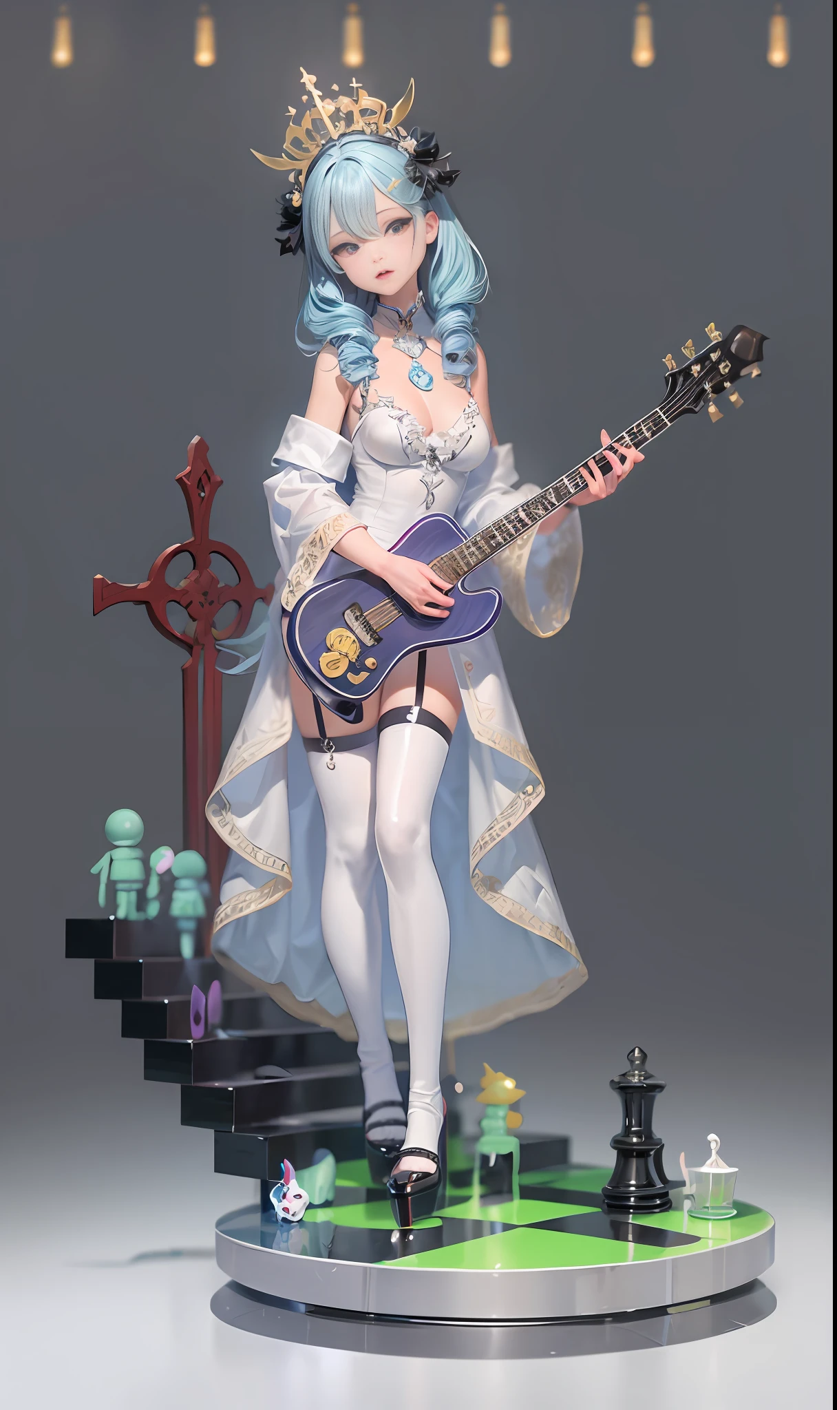 Masterpiece、,best quaity,OFFICIAL ART,8k壁纸,RAWExtremely detailed,illustartion,1个女孩,Blue hair,pretty eyes,少女全身3d图,good-looking eyes,big Eyes,Cutes,happy,crucified,chess,candles,staircase,skeleton,,c4d,Pop Matt Blind Box,,Glowing bubbles,toy,solidbackground,Chibi,Fluorescent transmission,Luminescence, kawaii,dolls,Pop Mart Blind Box,Pixar,complexly detailed,3d渲染,blender,OCrenderer,fol body reference sheet,dribble,high details,8k,studio lighting,li,pee,childi ,