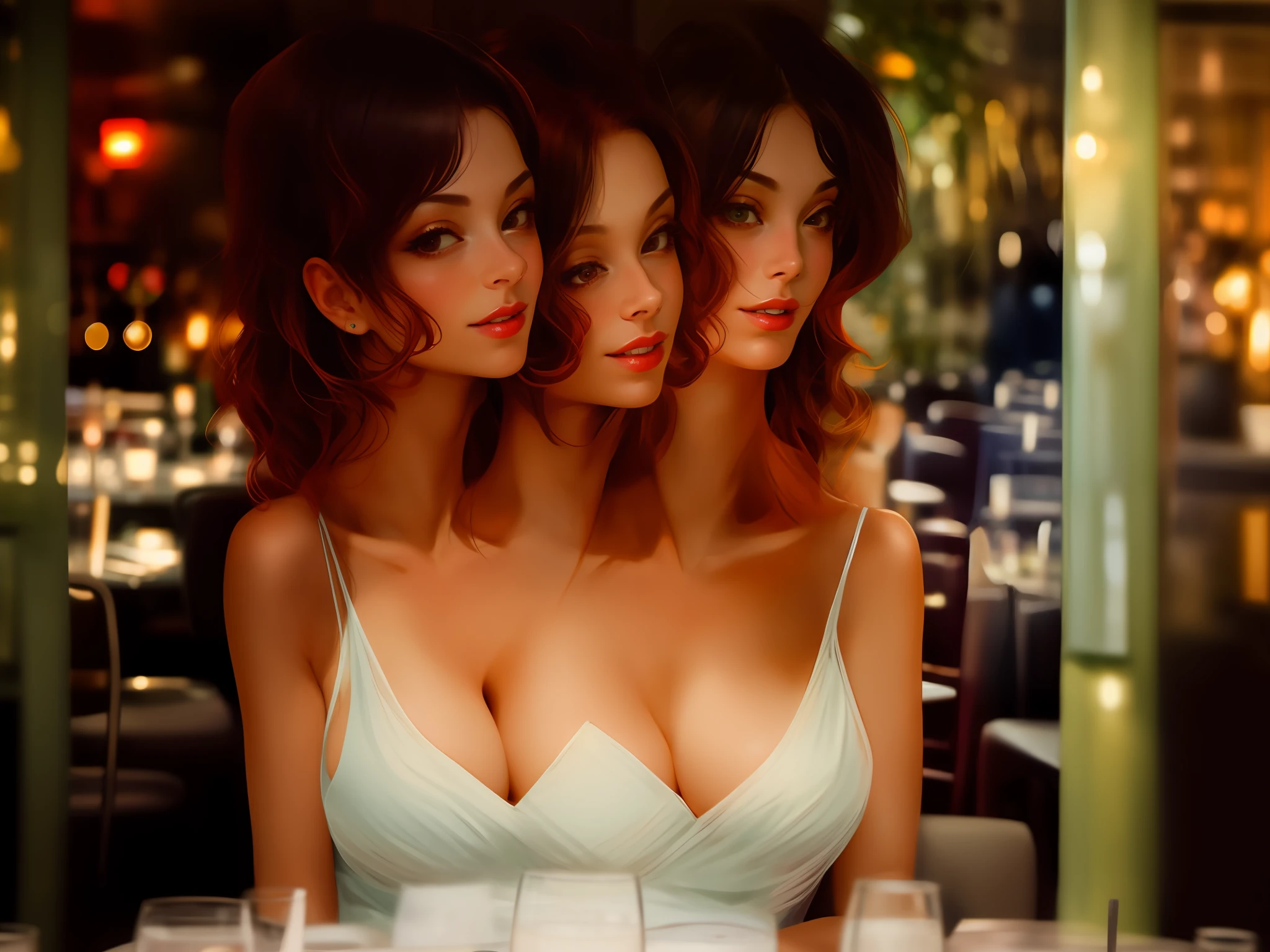 2heads, italian girl, three breasts, at a restaurant, looking at viewer,27 years old