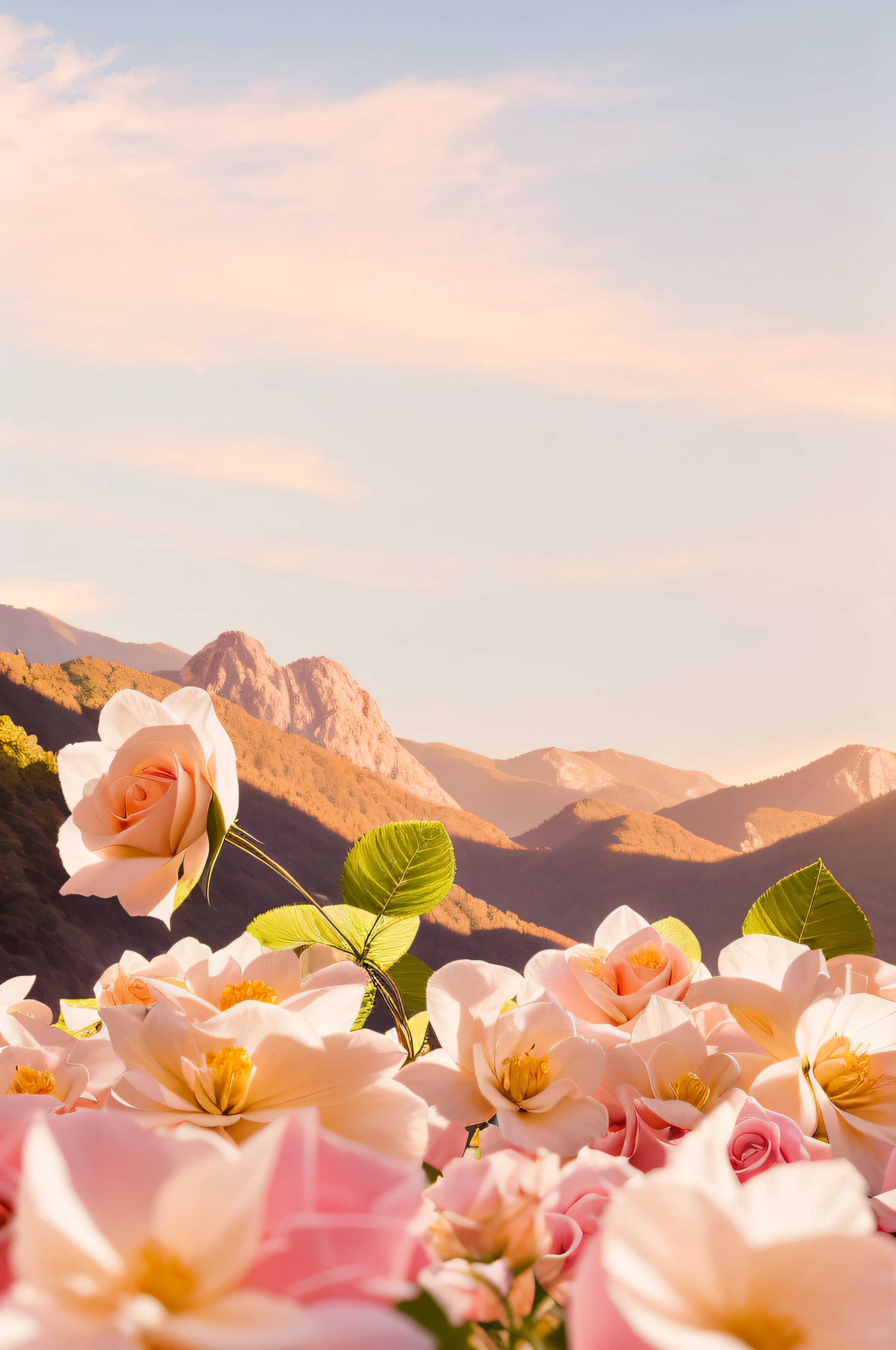 there is a large group of flowers that are in the grass, roses in cinematic light, roses background, flowers in the background, beatiful mountain background, bloom and flowers in background, mountains on background, flowers in foreground, romantic landscape, floral sunset, dreamy floral background