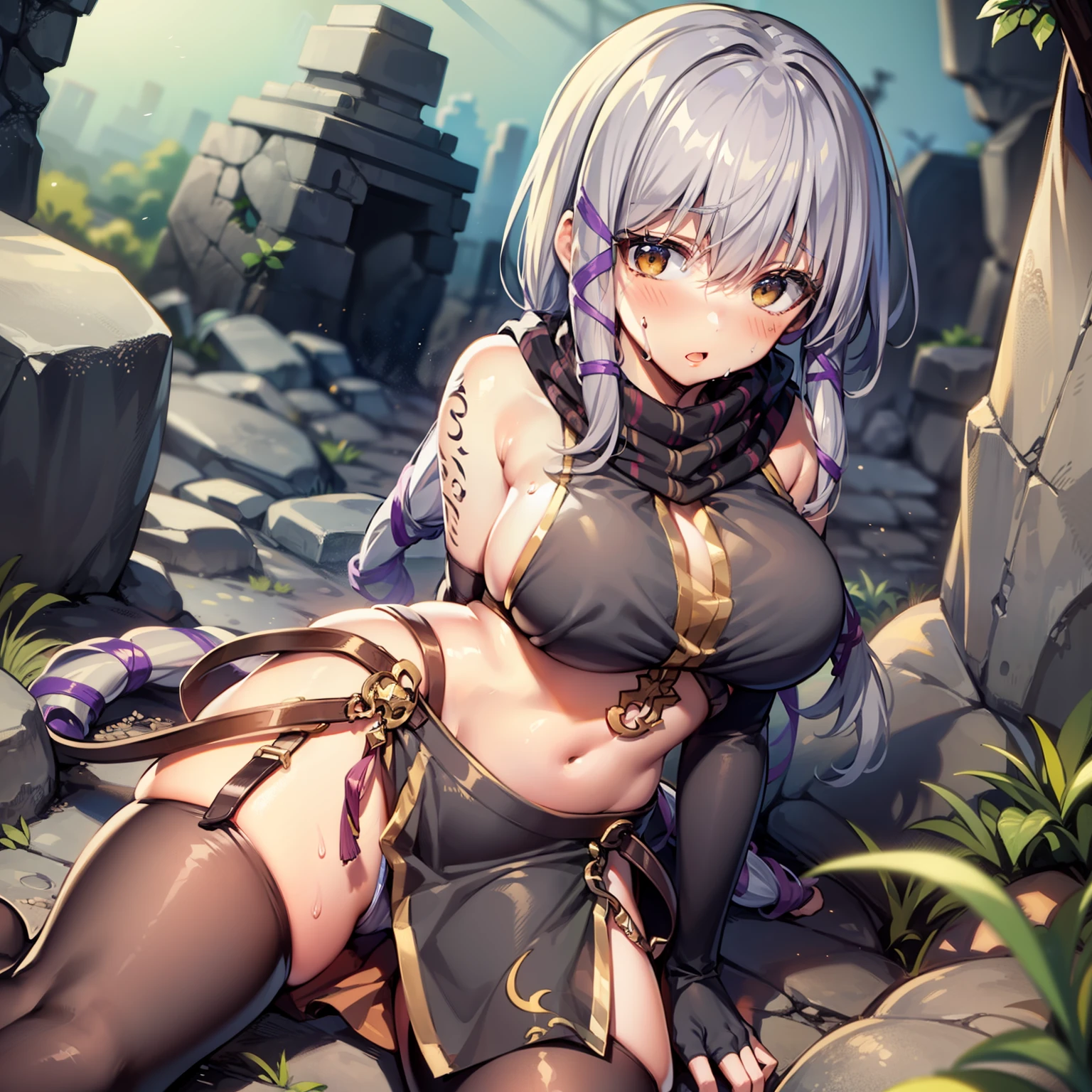 MASTERPIECE, best qualit, Stuck in the ground, spreadding his legs, Watch viewer, 1Girl of Man, Night background、Grottoes, ancient ruin, Rocky ground, Claira Rasbird, long ponytail, ribbons in the hair, Striped scarves, Black dress, CORSET, belts, fingerless gloves, Thigh boots, Erotic women, Belly Navel, Open Costume, panty shots、White panties exposed、ginormous breasts、Transverse breasts、Green bra、Bra Exposure、short skirts、Skirt pull up、wide open cleavage、Skin is exposed、blushing、Surprised look、Sweating on the skin、A sexy、