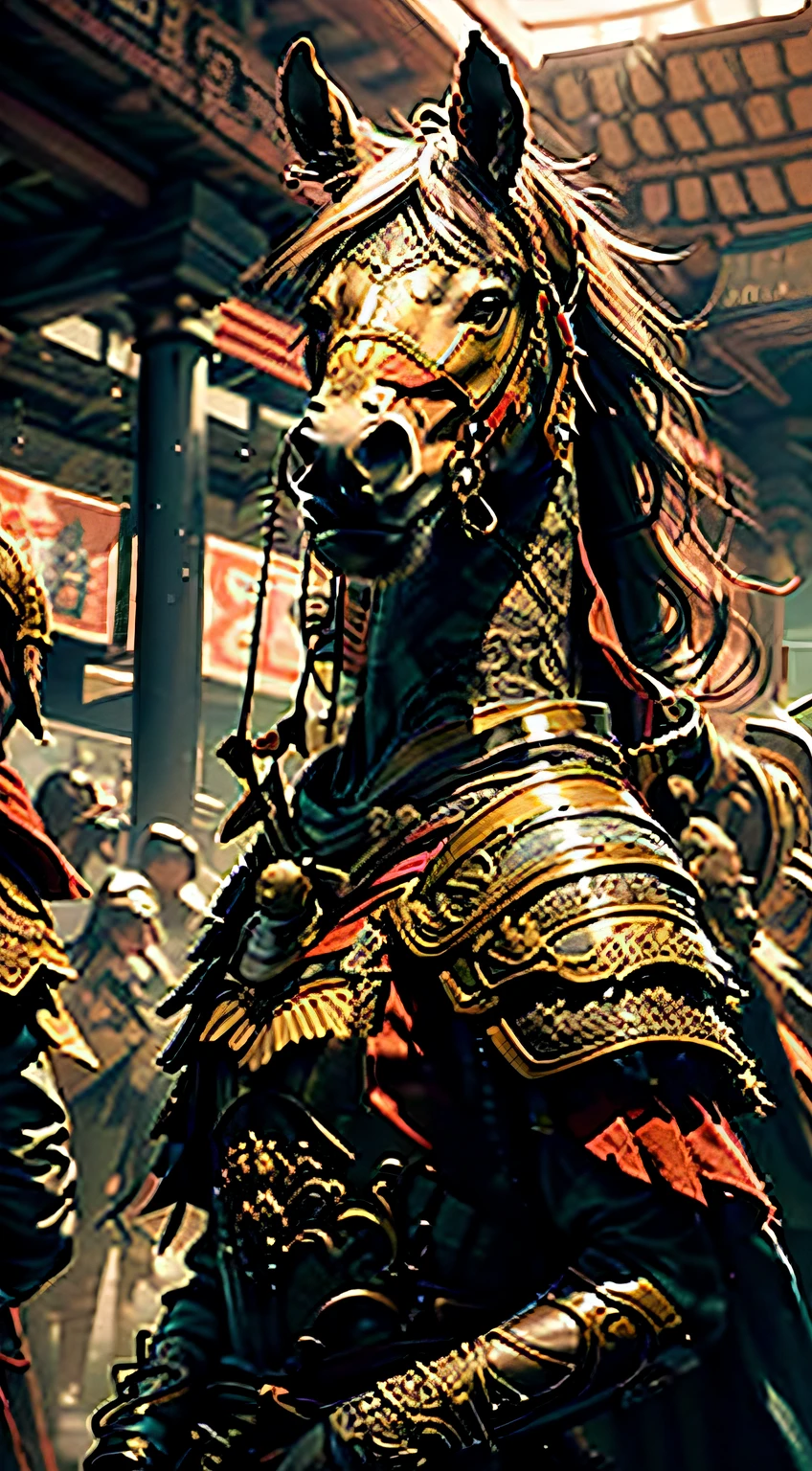 ((MASTERPIECE,))), (((best quarity))), ((The ultra-detailliert)), (The ultra-Realistically), (highly detailed CG illustrations), cinematic light, photorealistic, extremely beautiful girl, light makeup, big Chest, intricate anda detailed, red cape, length spear, (mounted on a horse)