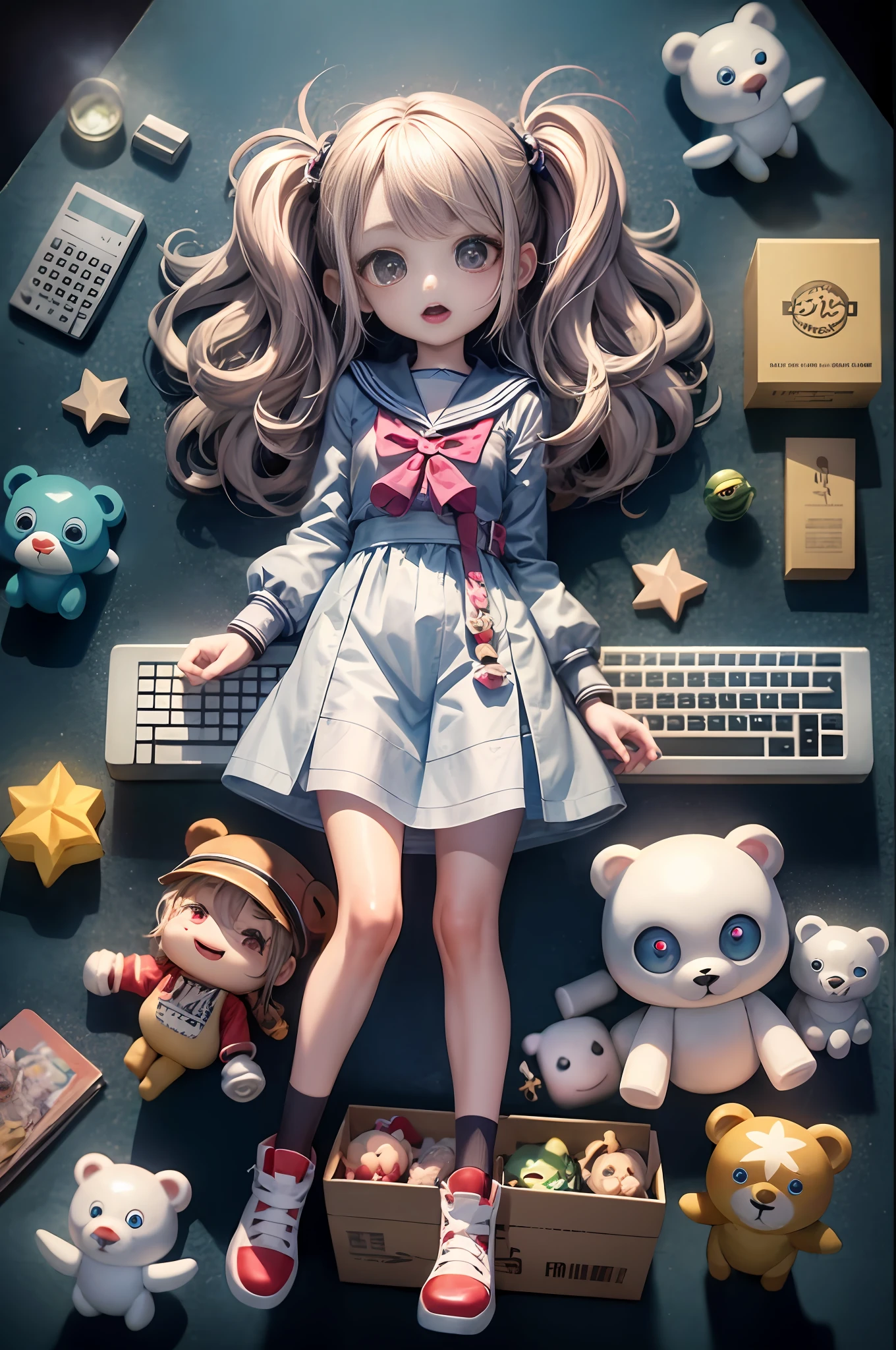 Masterpiece、，best quaity，OFFICIAL ART，8k壁纸，Very Detail，illustartion，1个女孩，Random color hair，watery big eyes，happopen mouth，stereoscopic，pretty eyes，超萌少女全身3d图，looking in eye,big Eyes,Cutes，keyboard，，，，little bear，c4d,Pop Matt Blind Box,,Glowing bubbles,toy,solidbackground,....Chibi,Fluorescent transmission,Luminescence, Kawaii,dolls,Pop Mart Blind Box,Pixar,complexly detailed,3d渲染,BLENDER,OCrenderer,fol body reference sheet,dribbble,high-detail,8k,STUDIO LIGHTING,loli,petite,child,...Chibi ,