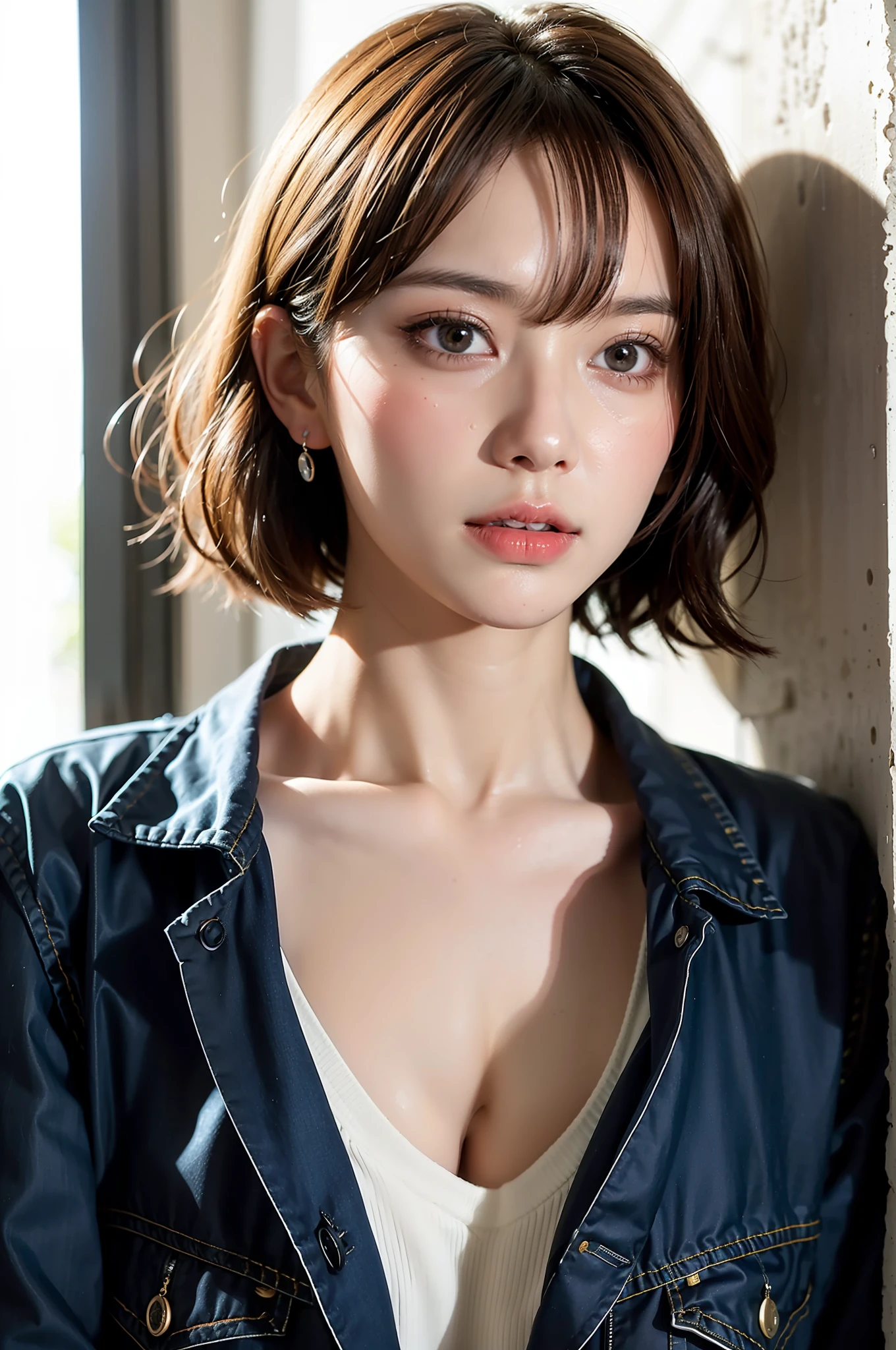 Best Quality, Master peace, Ultra high Resolution, (Realistic、、、、: 1.4), Original Photo, (True Skin Texture: 1.3), (Film Grain: 1.3), Panorama, Portrait, Very Wide Lens, narrow waists, Denim Lens, (In the Dark, Deep Shadows, Low profile, Cold Light,) Night, Close-up, teardrops,ple short hair、the neck is long、Put your ears out、bangs、big Eyes、Light-colored eyes、inside the house, dust, tyndall effects,(expression), sitting, (against the wall), (looking awdown), nervousness, teardrops,嬉しそうに微笑む
1 girl, beautiful detail eyes and face, white jabot, pink dark V, BROWN EYES,