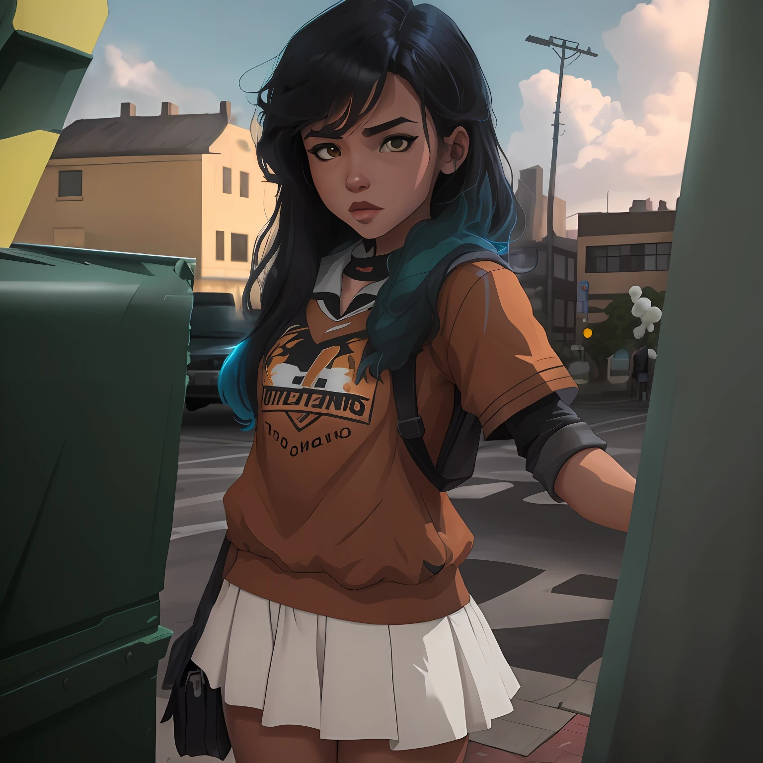 Closeup of a cute young high school girl standing in the middle of the street, brasileira, pele marrom, cabelo ondulado com mechas coloridas, personagem 2d, estilo quadrinhos, 8k, imagem clara, image background is a city by day.