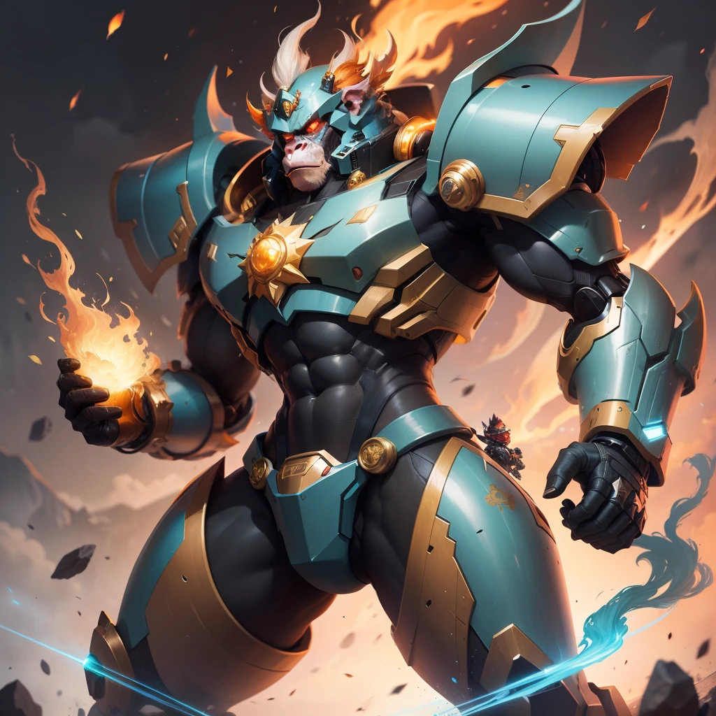 Design a mech for King Monkey，Can make him more powerful and domineering。The following is a possible design scenario： Exterior design： The overall color of the mecha is gold，Symbolizes the majesty and mystery of the Monkey King。 The head of the mech adopts the image of a monkey，The eyes are golden and radiate flames，Highlight its fiery eye。 The shoulder and arm sections are designed as powerful ape arms，Show the power and power of the Monkey King。 There can be a gemstone on the chest that emits a strong light，Symbolizes the wisdom of the Monkey King。 Special abilities： flamethrower：Located in the palm and back of the mech，Can spray hot flames，Attack enemies or melt obstacles。 Golden hoop rod laser：The back of the mech hides a huge golden hoop rod，It can emit a powerful laser beam，Smash the enemy's defenses。 Morphological transformation：Mechs can transform into monkey form，Retains the Monkey King's seventy-two transformation abilities，Stealth and camouflage are possible。 Mecha features： Protective clothing：The surface of the mech is covered with a layer of sturdy defensive clothing，Able to withstand powerful attacks。 High mobility：The mech is equipped with a powerful hydraulic motion system，Can move quickly and dodge enemy attacks。 Energy supply：Mecha has a powerful energy core built in，A continuous supply of energy can be provided，Keep the Monkey King strong in battle。