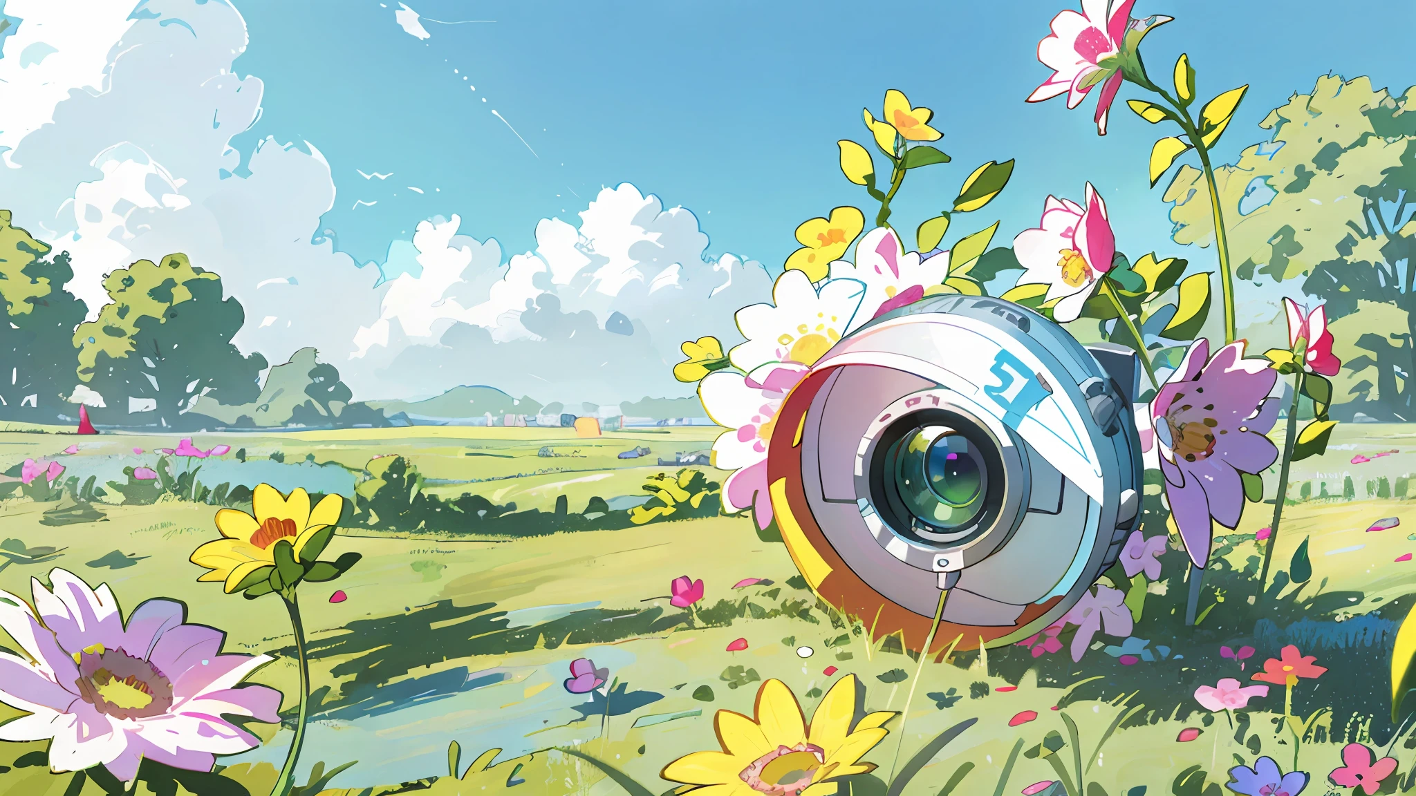 there is a digital painting of a camera in the grass, dslr fantasy, beautiful composition 3 - d 4 k, 3d digital art 4k, 4 k hd illustrative wallpaper, realistic colorful photography, playful composition canon, beautiful digital artwork, whimsical art, photography photorealistic, 4 k hd wallpaper illustration, colorful hd picure, colored photography, 4 k detail fantasy