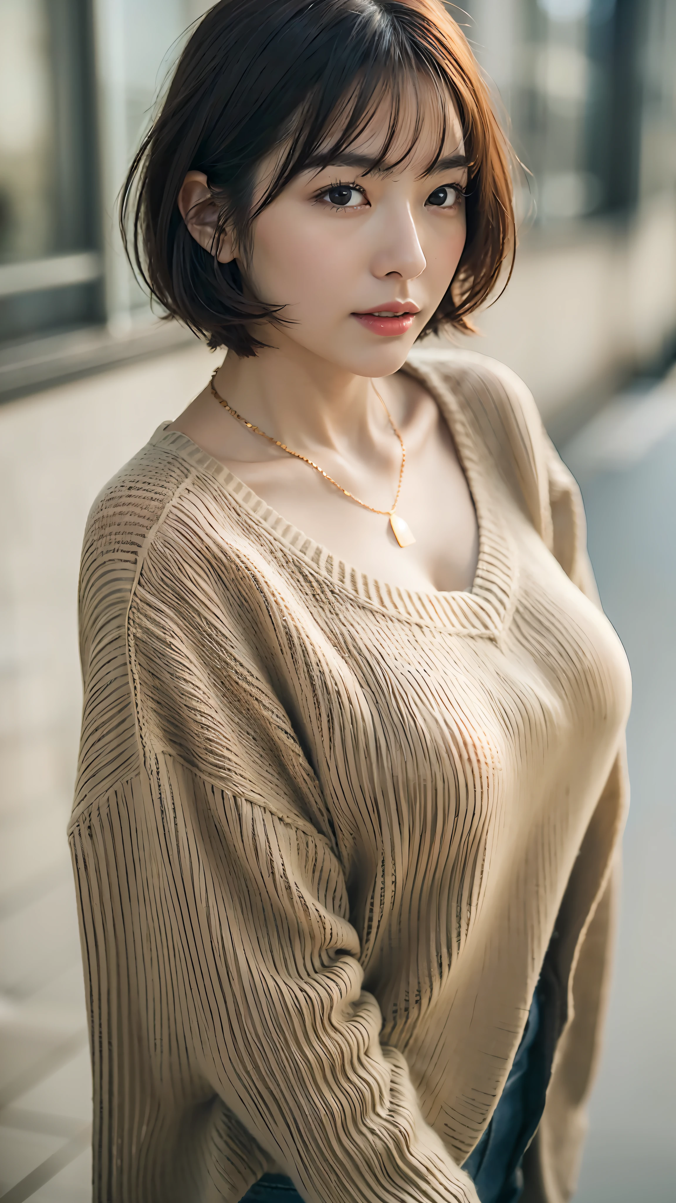 (Best quality, 8k, 32k, Masterpiece, UHD:1.2),Photo of Pretty Japanese woman, large breasts, very short bob hair,upper body,face focus,oversized_sweater, necklace, simple background, from above, looking at viewer,