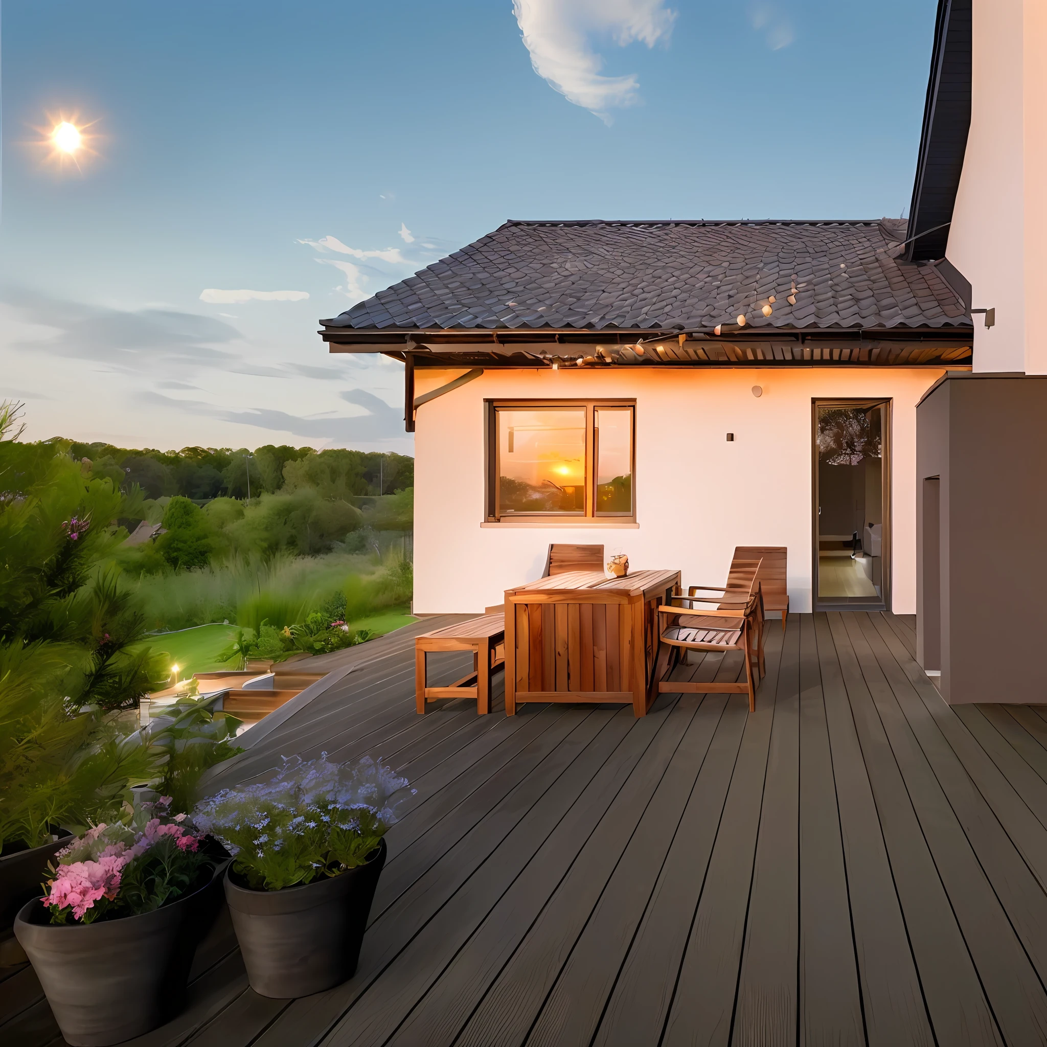 there is a wooden deck with a table and chairs on it, beautiful terrace, summer setting, soothing and cozy landscape, late summer evening, evening lighting, exterior photography, serene evening atmosphere, modern house in the wood, deck, luxurious wooden cottage, real estate photography, morning golden hour, night setting, in the evening, night outdoors, spring evening, evening atmosphere