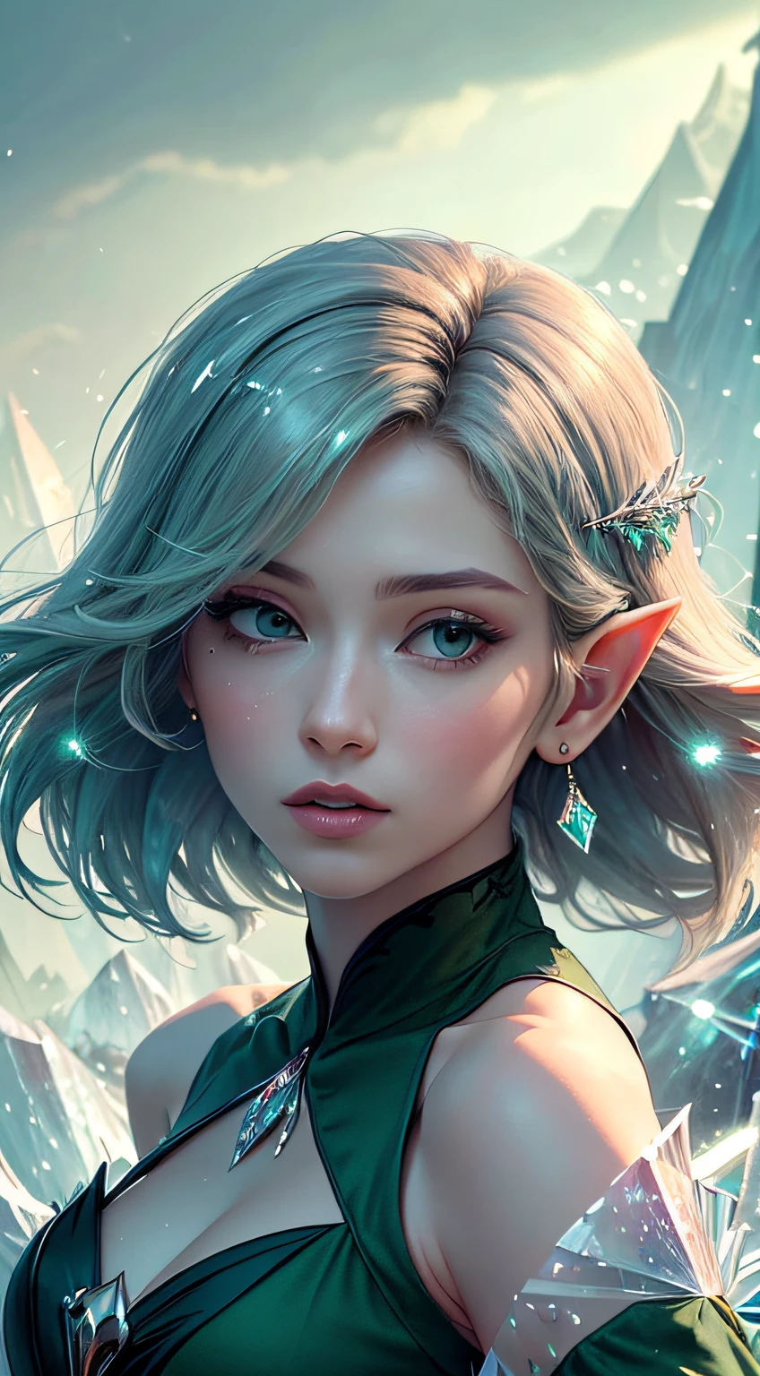 (Masterpiece, Top Quality, Best, Official Art, Beautiful and Aesthetic, Long Exposure: 1.2), Smooth Movement, Charming Patterns, 1 Girl, (Long Dress with Sleeves: 1.3), (((Green Clothes) )), upper body close-up, bare shoulders, Chinese girl, blush, black lob hair, portrait, solo, upper body, looking at the observer, detailed background, detailed face, (crystallineAI, crystalline theme:1.1), elemental wood elf, rotation foliage, control foliage, emerald clothing, dynamic pose, floating particles, ethereal dynamics, foliage, vapor, forest in the background, green tint, forest, ethereal atmosphere,