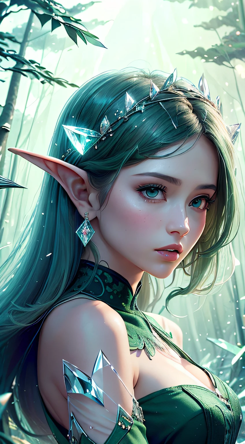 (Masterpiece, Top Quality, Best, Official Art, Beautiful and Aesthetic, Long Exposure: 1.2), Smooth Movement, Charming Patterns, 1 Girl, (Long Dress with Sleeves: 1.3), (((Green Clothes) )), upper body close-up, bare shoulders, Chinese girl, blush, black lob hair, portrait, solo, upper body, looking at the observer, detailed background, detailed face, (crystallineAI, crystalline theme:1.1), elemental wood elf, rotation foliage, control foliage, emerald clothing, dynamic pose, floating particles, ethereal dynamics, foliage, vapor, forest in the background, green tint, forest, ethereal atmosphere,