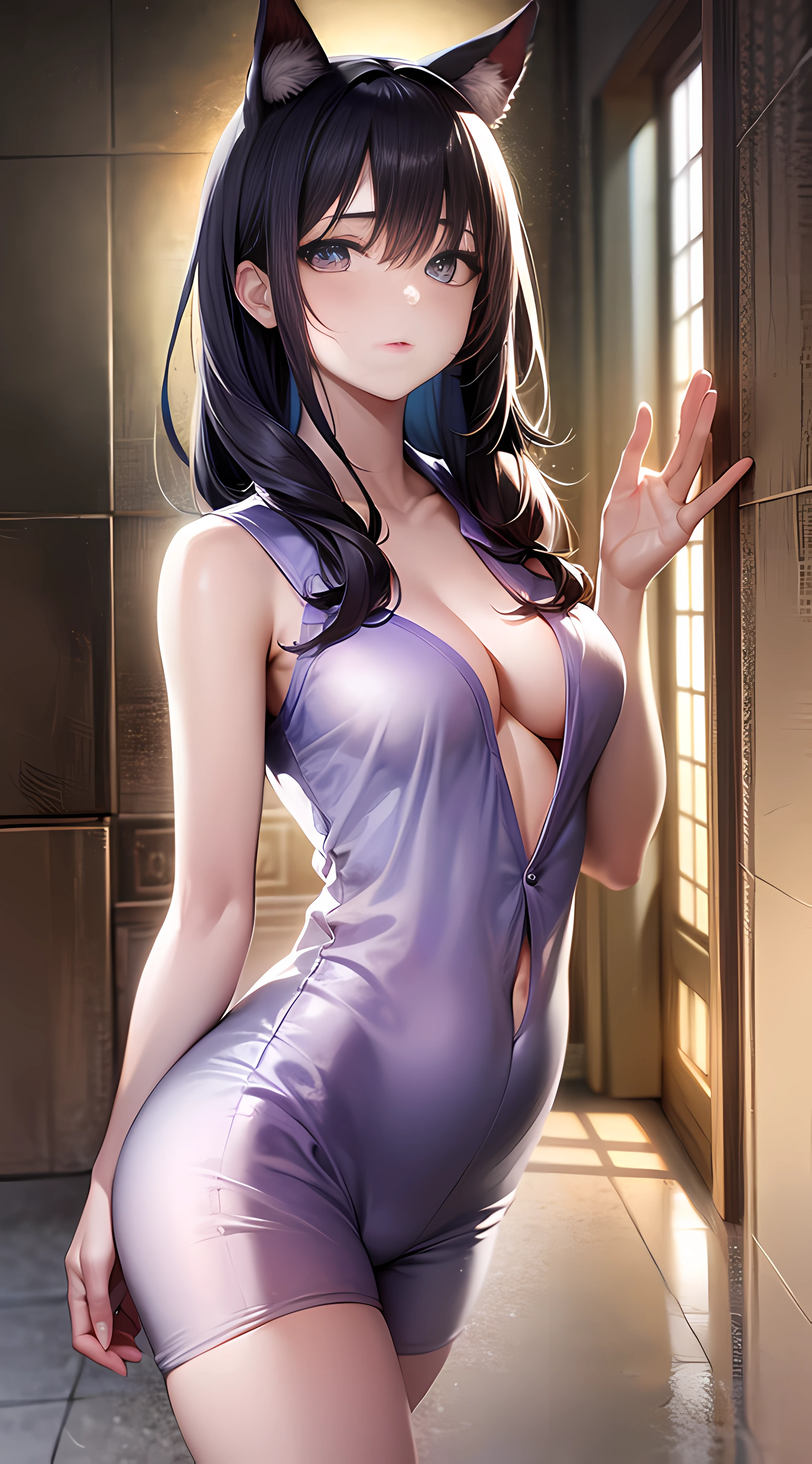 , lilac pajamas, decote revelador, semi nu, luz, peito pequeno, peito perfeito, chest visible, corpo inteiro, corpo perfeito, cintura fina, quadril largo, de frente, cabelo longo, black hair, olhos grandes. realista, HD 8K, perfection.
