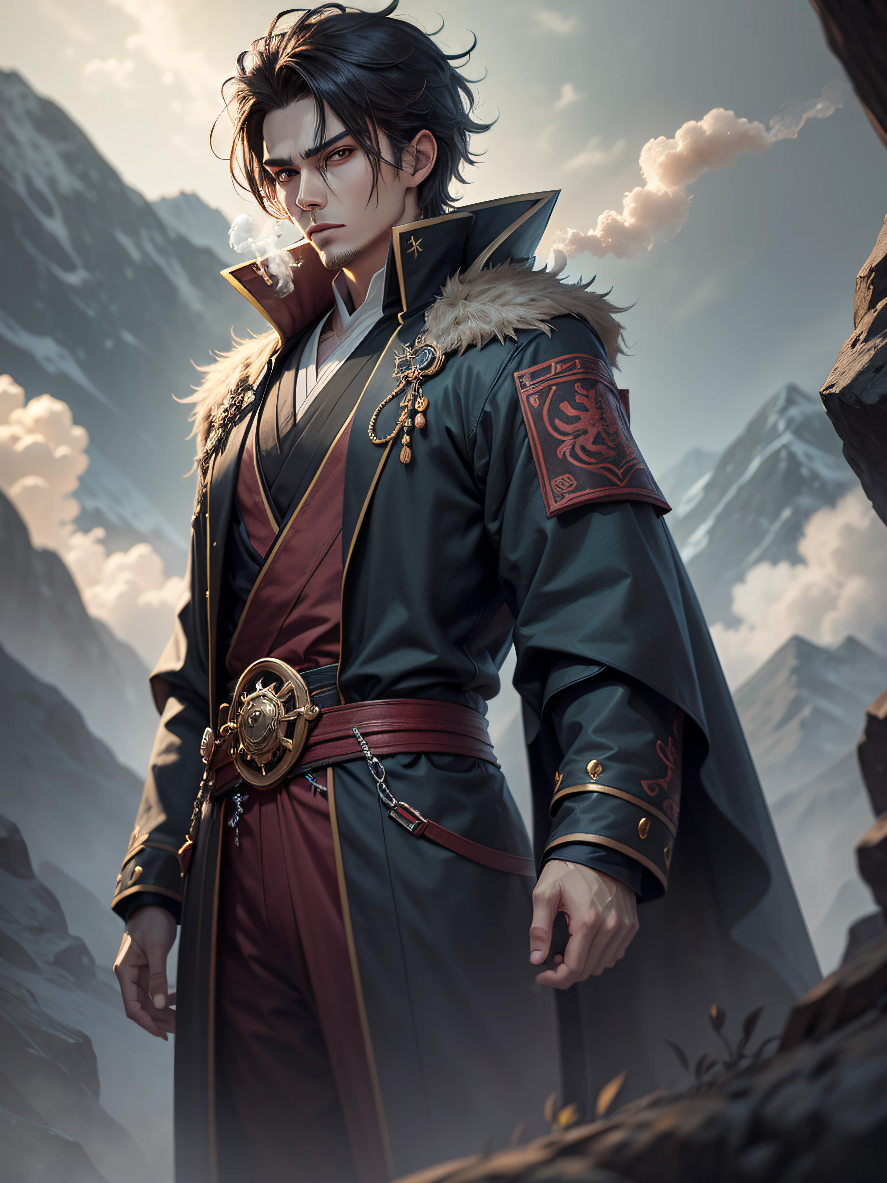 (in dark:1),(best quarity),a movie poster with,realistic skin textures,Anime male standing in the wind with black ancient Chinese robe coat and shirt,Wear a hat on the head,The handsome guy had evil eyes,The robe fluttered,Particularly cool,Anime handsome man,male anime character,Handsome anime pose,Put your hands in your trouser pockets,BACKGROUND, deep in the mountains,Lined with trees,graycolor,Surrounded by smoke ,dark fantasy character design,