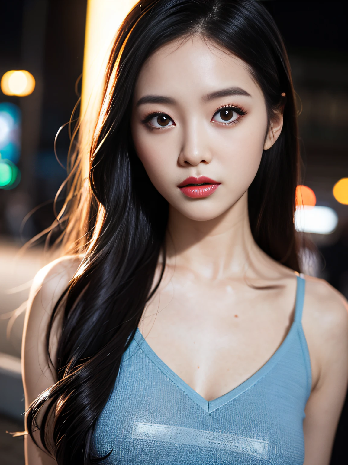 A girl, long hair, half picture, city, future, science fiction, black silk, shorts, night scene, midnight, blue light, neon, night, face close-up, delicate features, beautiful girl, beauty, charming,fashi-girl,red lips,realistic,makeup,