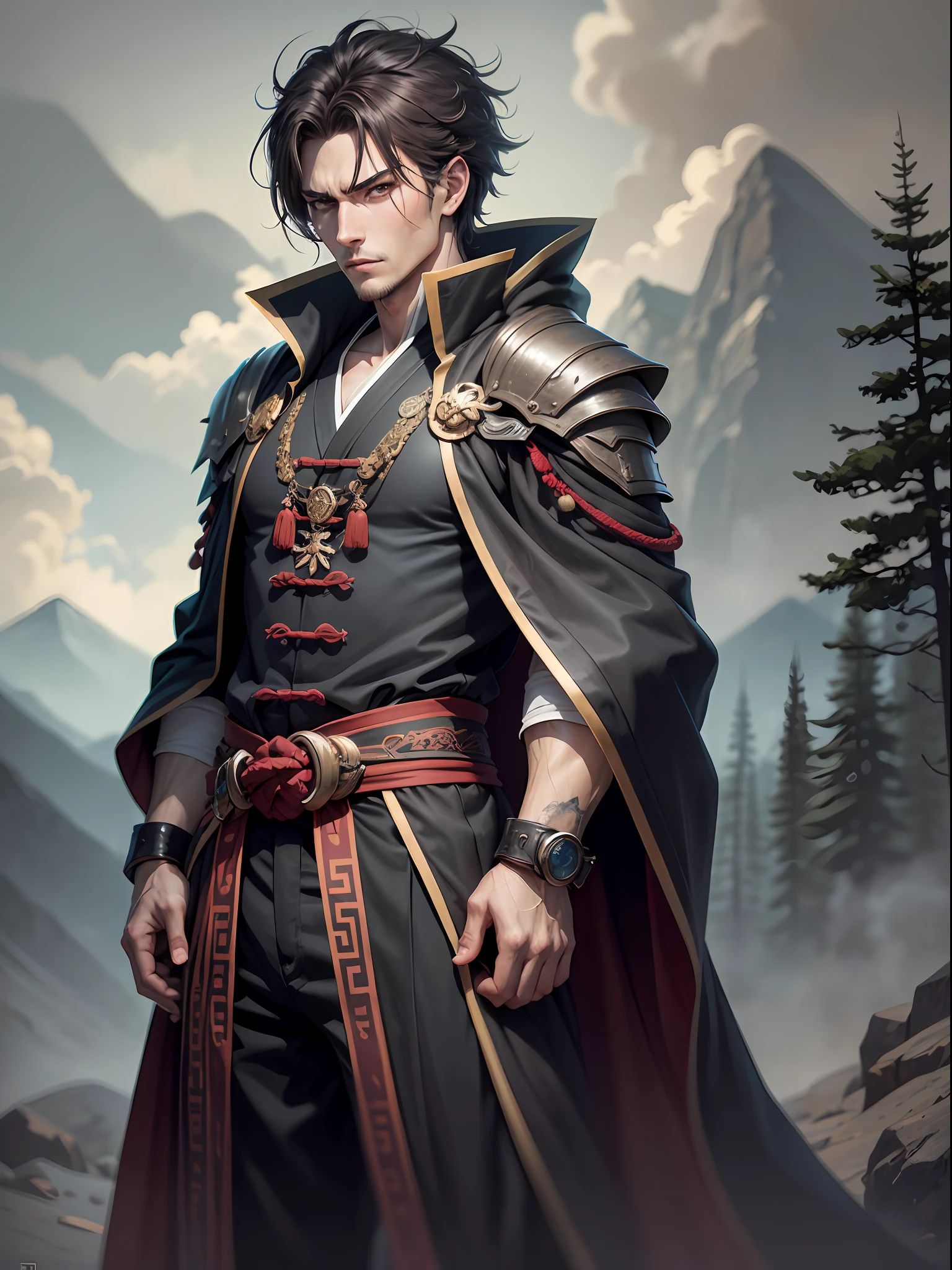 （in dark：1），（best quarity），a movie poster with，realistic skin textures，Anime male standing in the wind with black ancient Chinese robe coat and shirt，Wear a hat on the head，The handsome guy had evil eyes，The robe fluttered，Particularly cool，Anime handsome man，male anime character，Handsome anime pose，Put your hands in your trouser pockets，BACKGROUND, deep in the mountains，Lined with trees，graycolor，Surrounded by smoke ，dark fantasy character design,