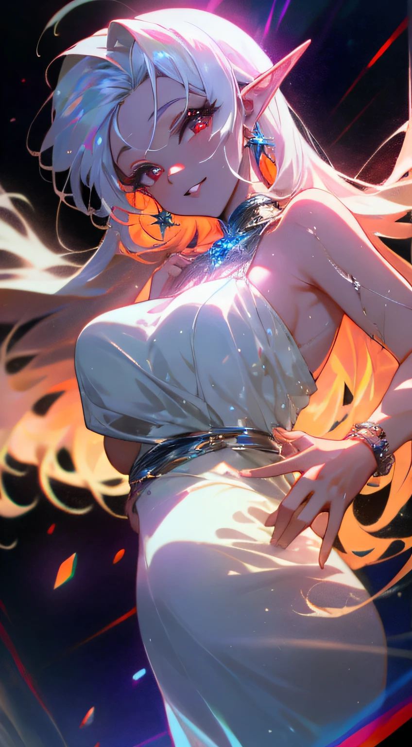 (simple hands:0.5)+(detailed hands:0.7), (masterwork), (best quality), white hair, red eyes,1girl, pale skin, white hair, red eyes, two tone hair, eyelashes, bracelet, jewelry, smile, gleaming skin, shiny hair, detailed and majestic stage, Fantasy, Long Hair, 1 girl, two-tone hair, night sky, Incredibly detailed CG illustration masterpiece, looking at you, anime, beautiful anime eyes, beautiful detailed eyes, eyes, glittering eyes, red eyes, galaxy, nebula, (full body), (curvy), POV, wet neckline, (thick thighs), 4k hd, ultra realistic, perfect body, perfect lips, perfect nose, perfect eyes, looking at the viewer, dress, elegant dress, Soft Dress, Long dress, Elf, Elf ears, Neon, Neon Lights, Bright Colors, Detailed Dress, Neon Dress, Elegant Dress,