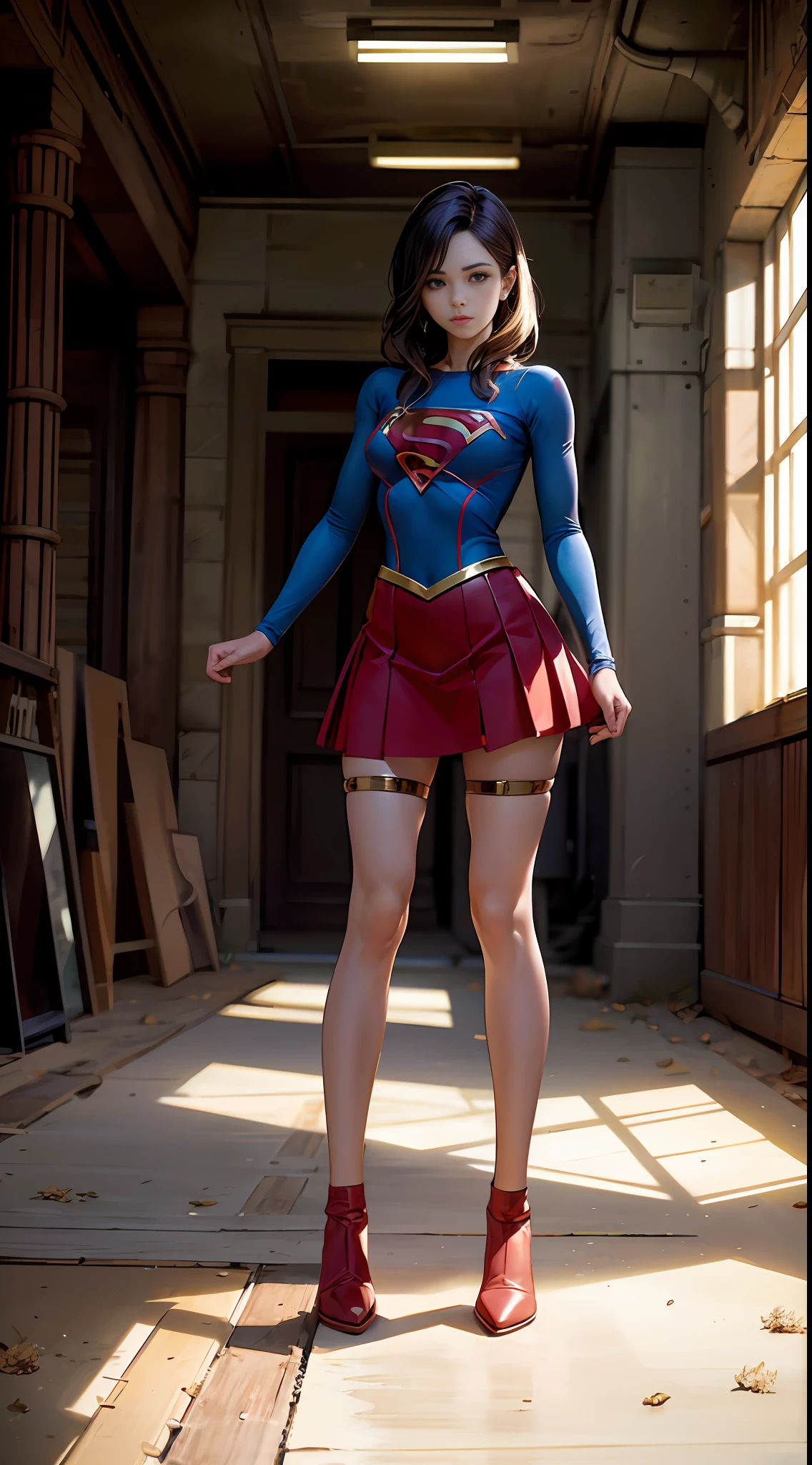 8K HD, melhor qualidade de imagem da Supergirl, imagem clara, detalhes surpreendentes, menina bonita loira de olhos azuis, body of robot, full body robot, Menina Foco, rosto feminino detalhado, girly details amazing, foto da parte superior do corpo, robot factory background, profundidade de campo otimizada para tornar a imagem mais realista, wearing superman's S symbol on his chest.