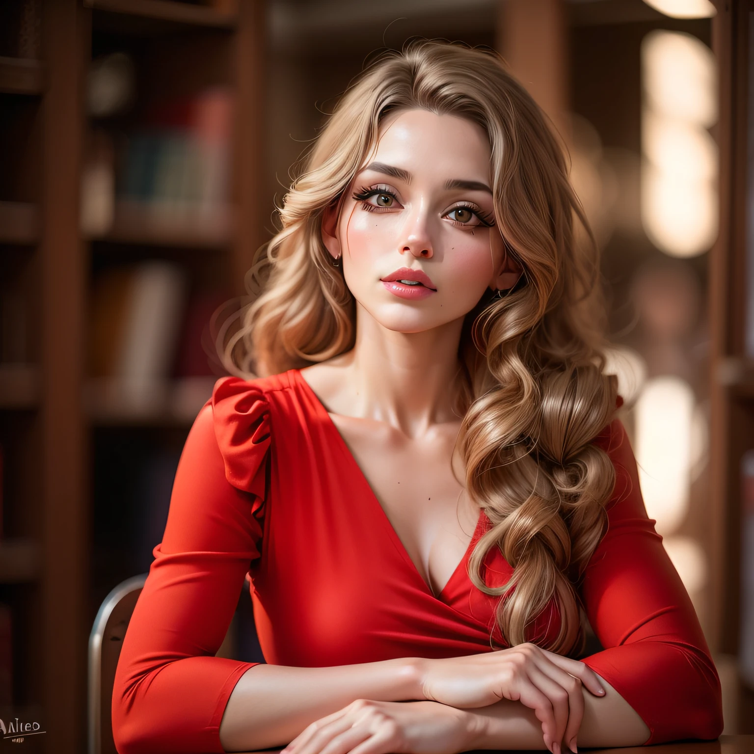uma mulher branca, com mais ou menos um metro e sessenta, com olhos castanho escuro , com os cabelo longos, enrolados e castanho claro, vestida com um vestido vermelho sentada em uma mesa na biblioteca --auto