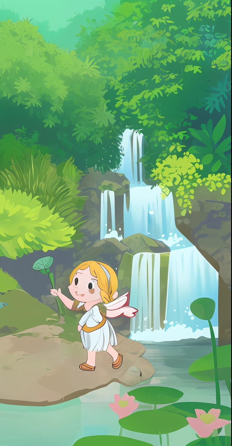 cartoon girl in a white dress is standing in front of a waterfall, next to a waterfall, ancient ruins and waterfalls, fantasy fairytale story, background artwork, elf forest background, water fairy, waterfall background, with trees and waterfalls, background art, forest fairy, goddess of nature, ancient garden behind her, fey queen of the summer forest, greek myth digital painting