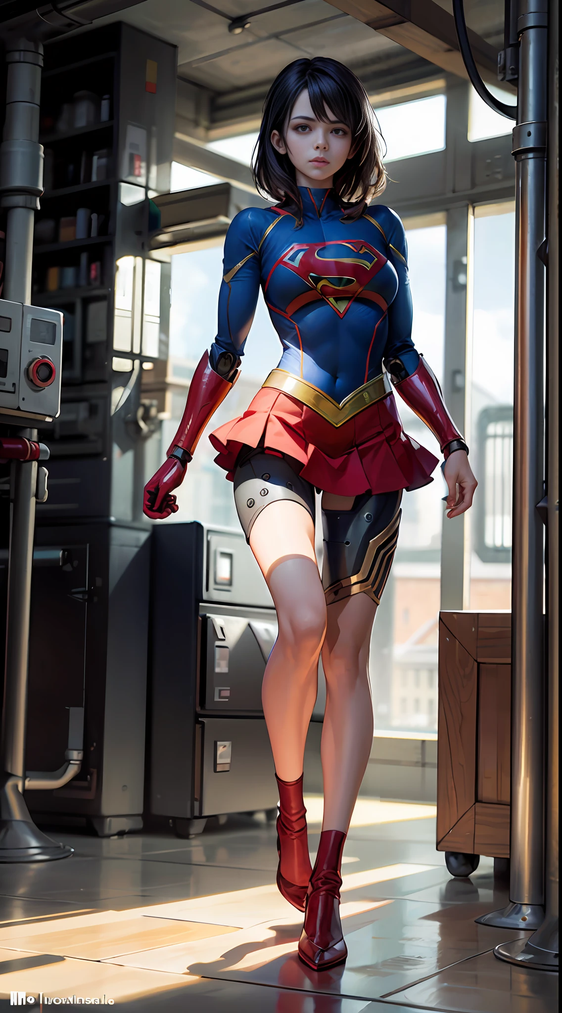 8K HD, melhor qualidade de imagem da Supergirl, imagem clara, detalhes surpreendentes, bonita loira de olhos azuis, body of robot, full body robot, Menina rosto feminino detalhado, girly details amazing, foto da parte superior do corpo, robot factory background, profundidade de campo otimizada para tornar a imagem mais realista, wearing superman's S symbol on his chest.