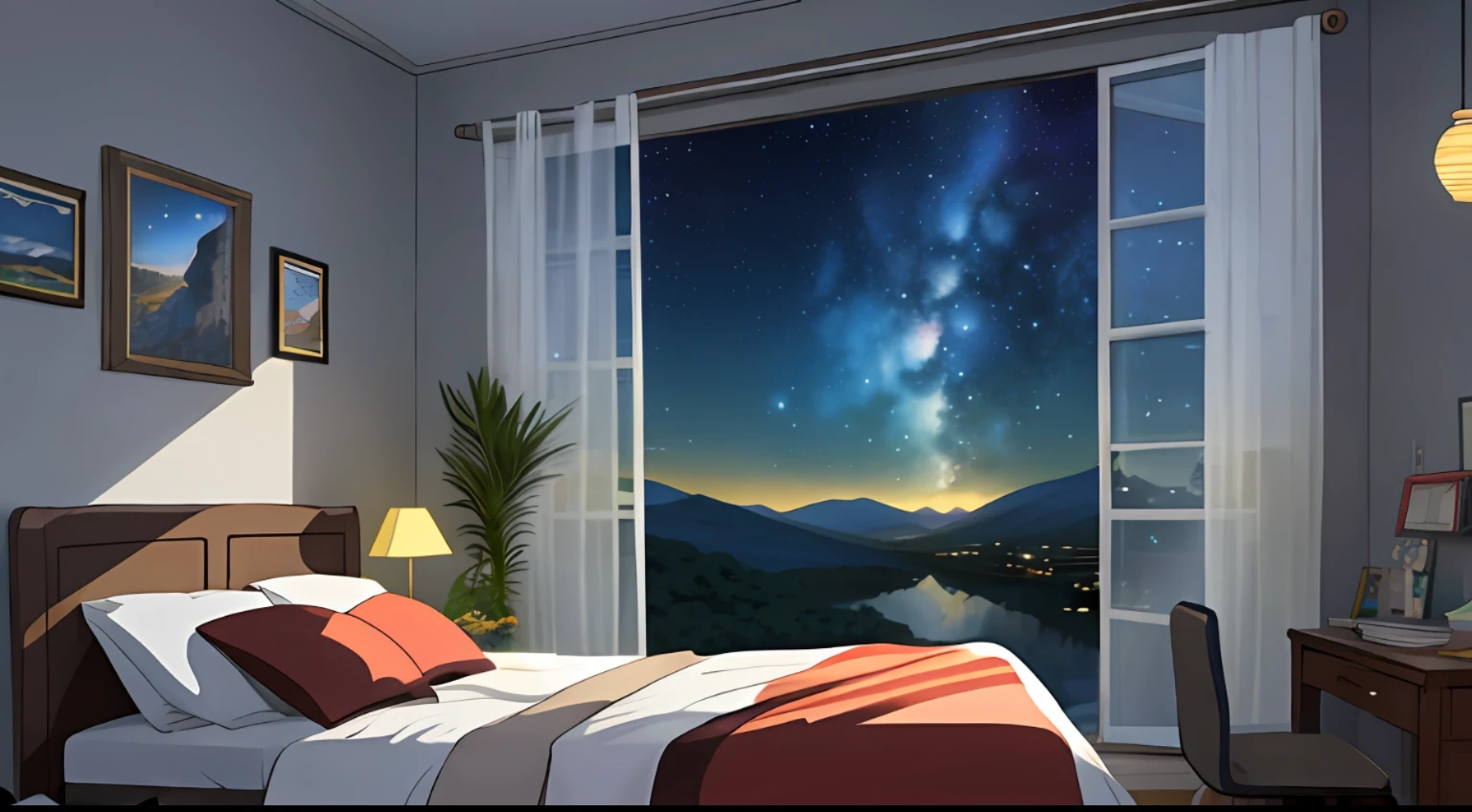Messy Room, cama no centro do quarto, estante com livros, aconchegante, clima noturno, starry sky, luz do luar, janela grande, paisagem com montanhas, paisagem aconcheganteanime style, anime, Ghibli-like colours, HD, high quality, high details, super detail, masterpiece,