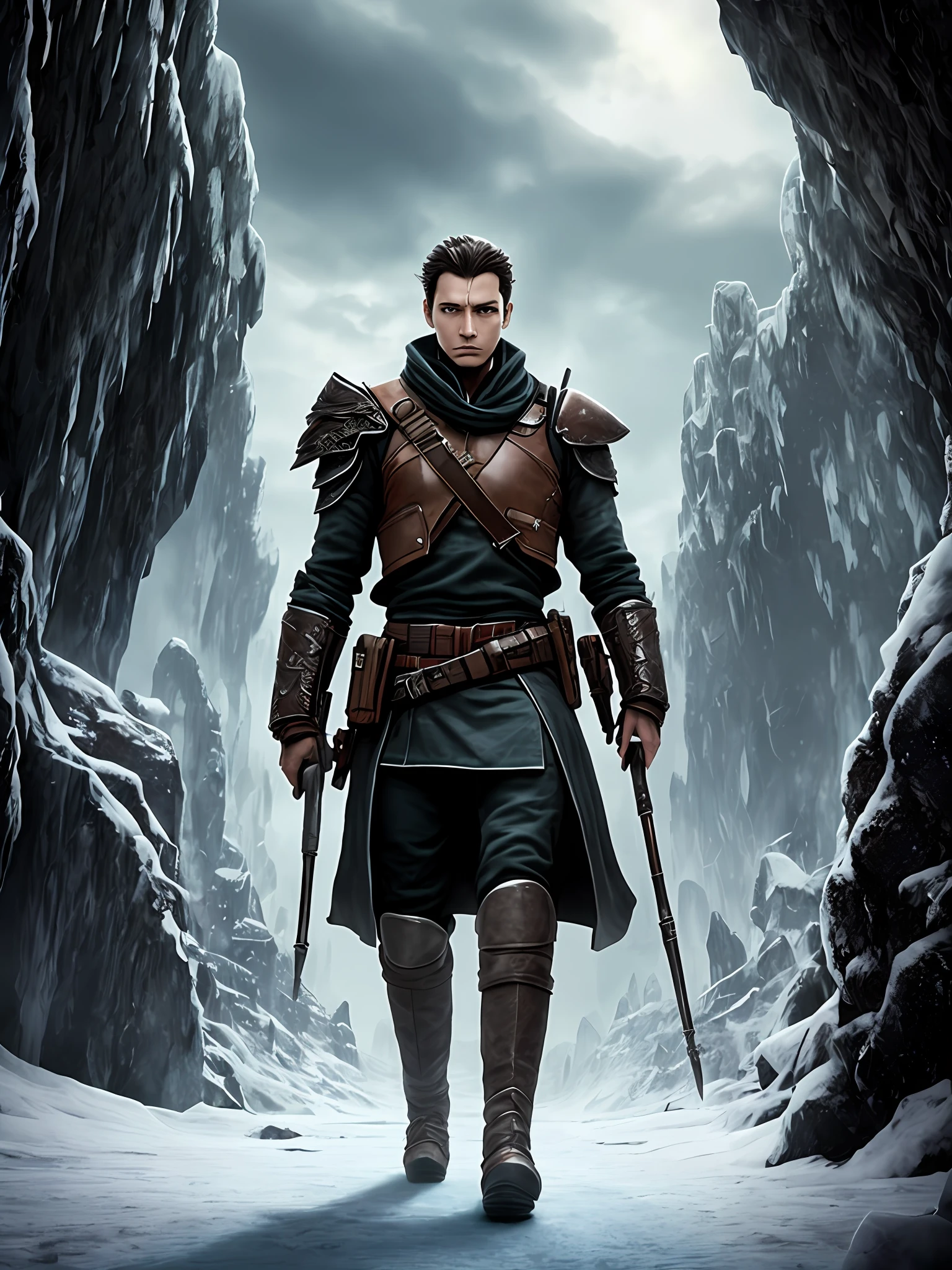 Midjourney is a warrior-mago que domina a arte da criomancia, the manipulation of ice and cold. He is the last survivor of a clan that was exterminated by a tyrant who feared his power. Ele vive em uma caverna gelada nas montanhas, where he trains his skill and plans his revenge. Um dia, ele encontra uma jovem aventureira chamada Lira, who is on the run from a group of bounty hunters. She says she has valuable information about the tyrant'paradeiro s, mas precisa de Midjourney's help to get there. Midjourney sees in it an opportunity to accomplish its goal, but he also feels a strange connection to her. Junto, They traverse frozen lands and ruthless enemies on a journey that leads them to the final showdown. Wears the heavy Stahlrim armor that is blue and full of details