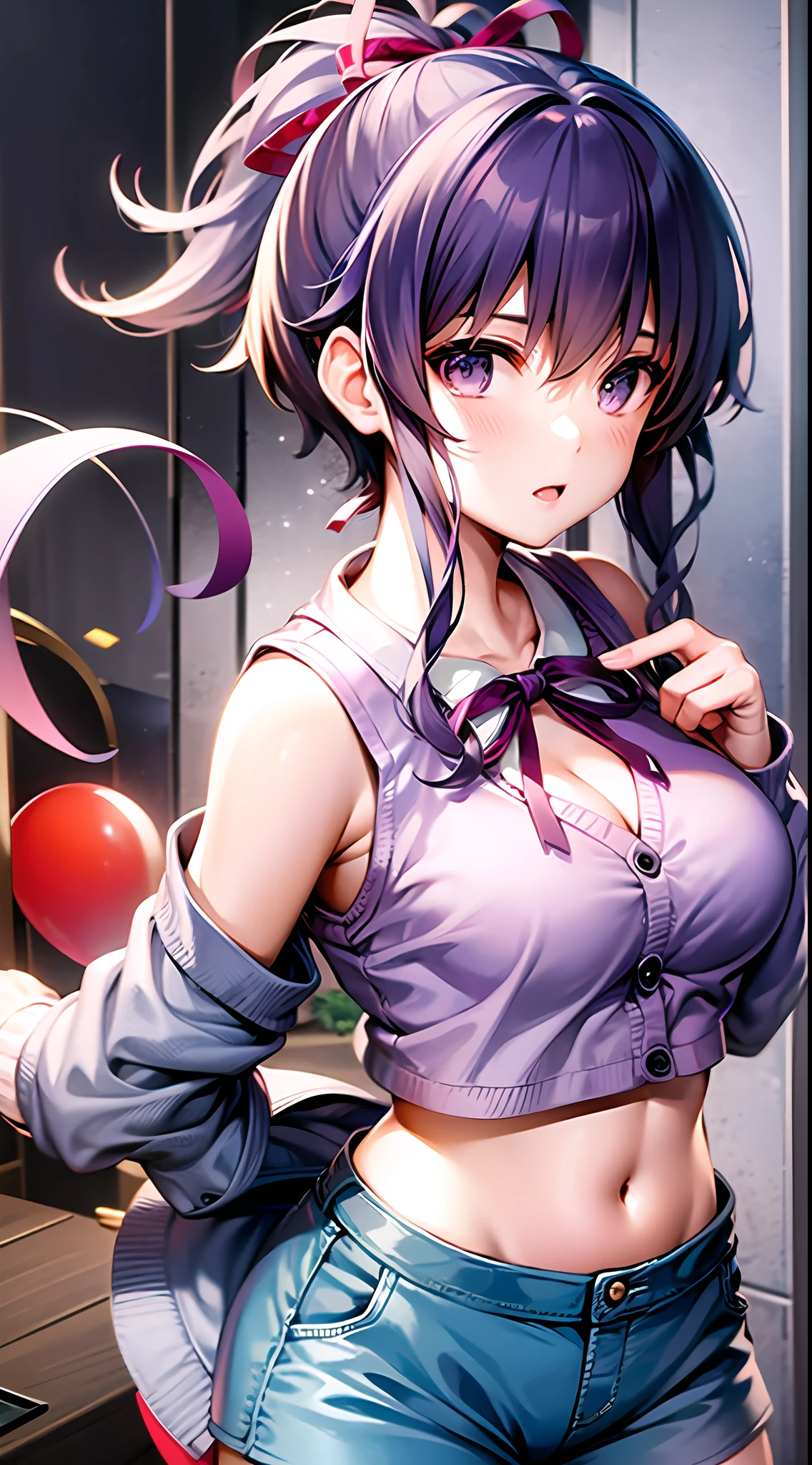 masterpiece, best quality, highres, hyoudou michiru, solo, featuring a floating subject in a dynamic pose. ponytail, white croptop, pink cardigan, blue short pant, neck ribbon, cowboy shot, idol pose, hide hand behind back,