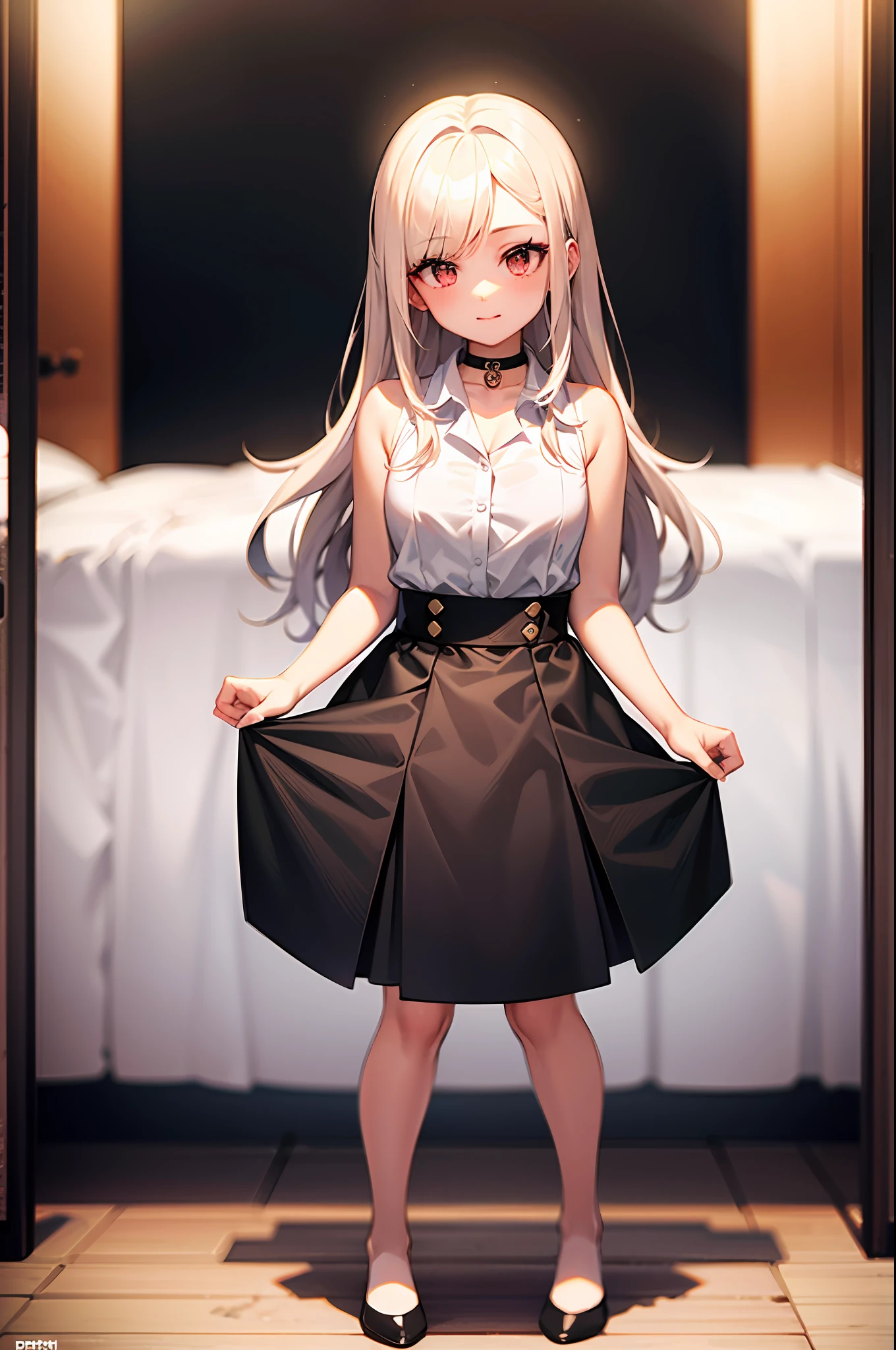 best quality, ultra high res, 1girl, sleeveless white button shirt, black skirt, black choker, cute, (Kpop idol), (aegyo sal:1), (platinum blonde hair:1), ((puffy eyes)), looking at viewer, full body, facing front