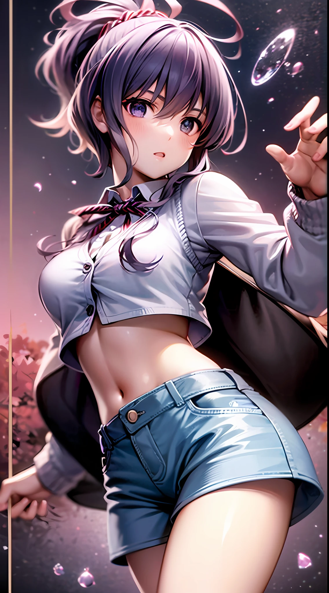 masterpiece, best quality, highres, hyoudou michiru, solo, featuring a floating subject in a dynamic pose. ponytail, white croptop, pink cardigan, blue short pant, neck ribbon, cowboy shot, idol pose, hide hand behind back,