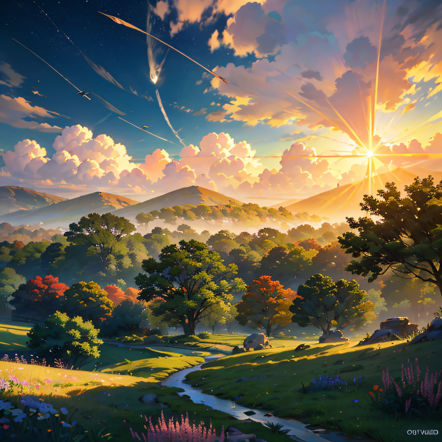 Many huge crystals floating in the sky, regular hexahedron, regular octahedron, regular dodecahedron, Transparent crystals，Such as blue and emerald green, Crystals floating in the sky, a meadow, a garden, fine irregularities in the foreground, monoliths, another world, Golden Hour, Rim Lighting, Warm tones, sun flares, soft shadows, vivd colors, hazy brilliance, Realistically, dramatic, Planet, utopia，, High Image Quality, photorealistc, Very Detail, complex, highdetailed, lack of architecture,
